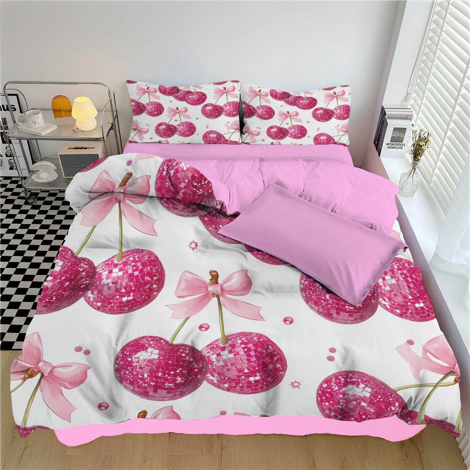 Housse de couette 200x200cm rose à nœuds pour illuminer la chambre d'enfant chaque soir