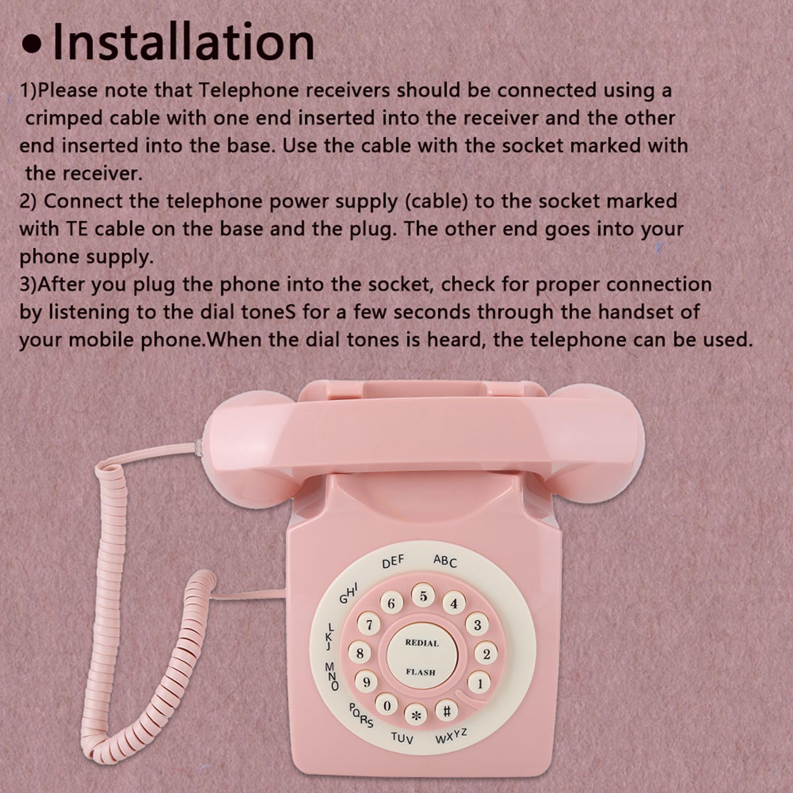 Telefono fisso a disco retrò, telefono da scrivania classico vintage con filo, telefoni vintage anni '80 con filo per casa, ufficio, rosa