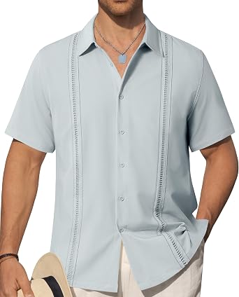 Alimens & Gentle Mens Cuban Guayabera Shirts Short Sleeve Button Down Shirts for Men Summer Beach Wedding