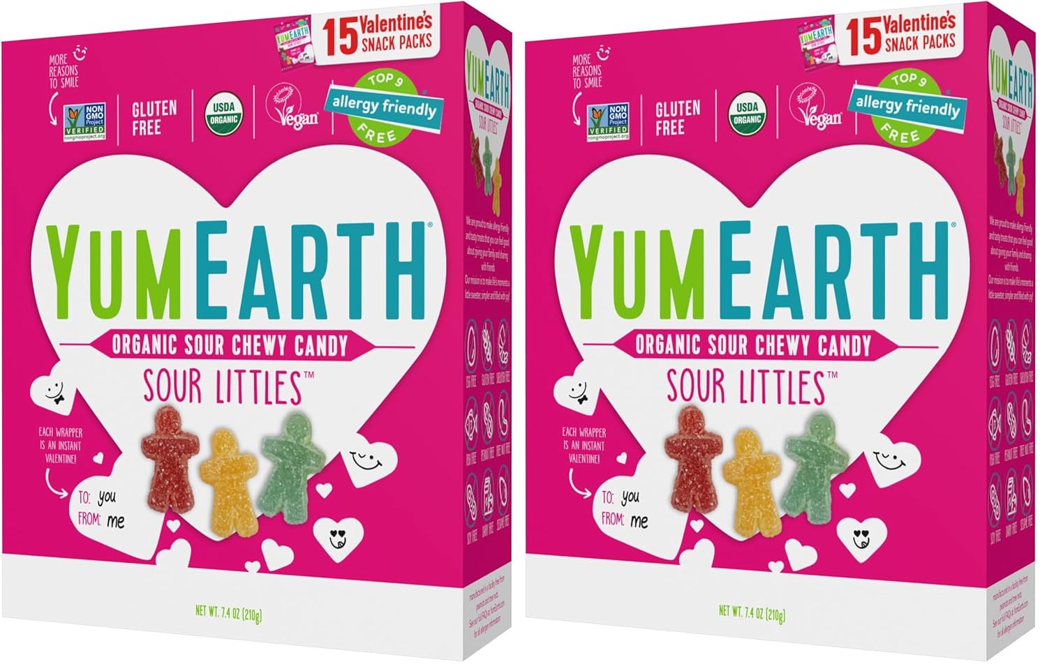 YumEarth Valentine Organic Sour Littles Chewy Candy - Allergy Friendly (Top 9 Free), No Artificial Dyes, Non GMO, Gluten Free, Vegan Candy Snacks - 15 Count (1, 7.5 Ounce) (Pack of 2)