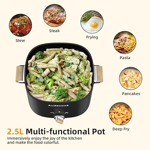 Miniatura 2 de Audecook Hot Pot Eléctrico, Multicocina antiadherente portátil de 2.5 L para 1-3 personas, sartén eléctrica de viaje con textura de panal con