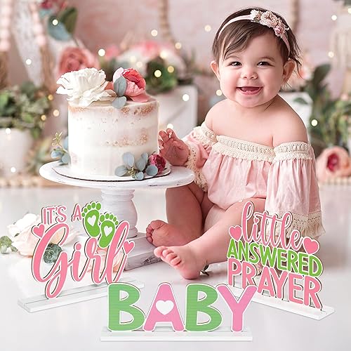 Miniatura 6 de Centros de mesa de madera rosa para baby shower, 3 piezas, con texto en inglés "It's A Girl", letrero de oración contestada, decoración de madera