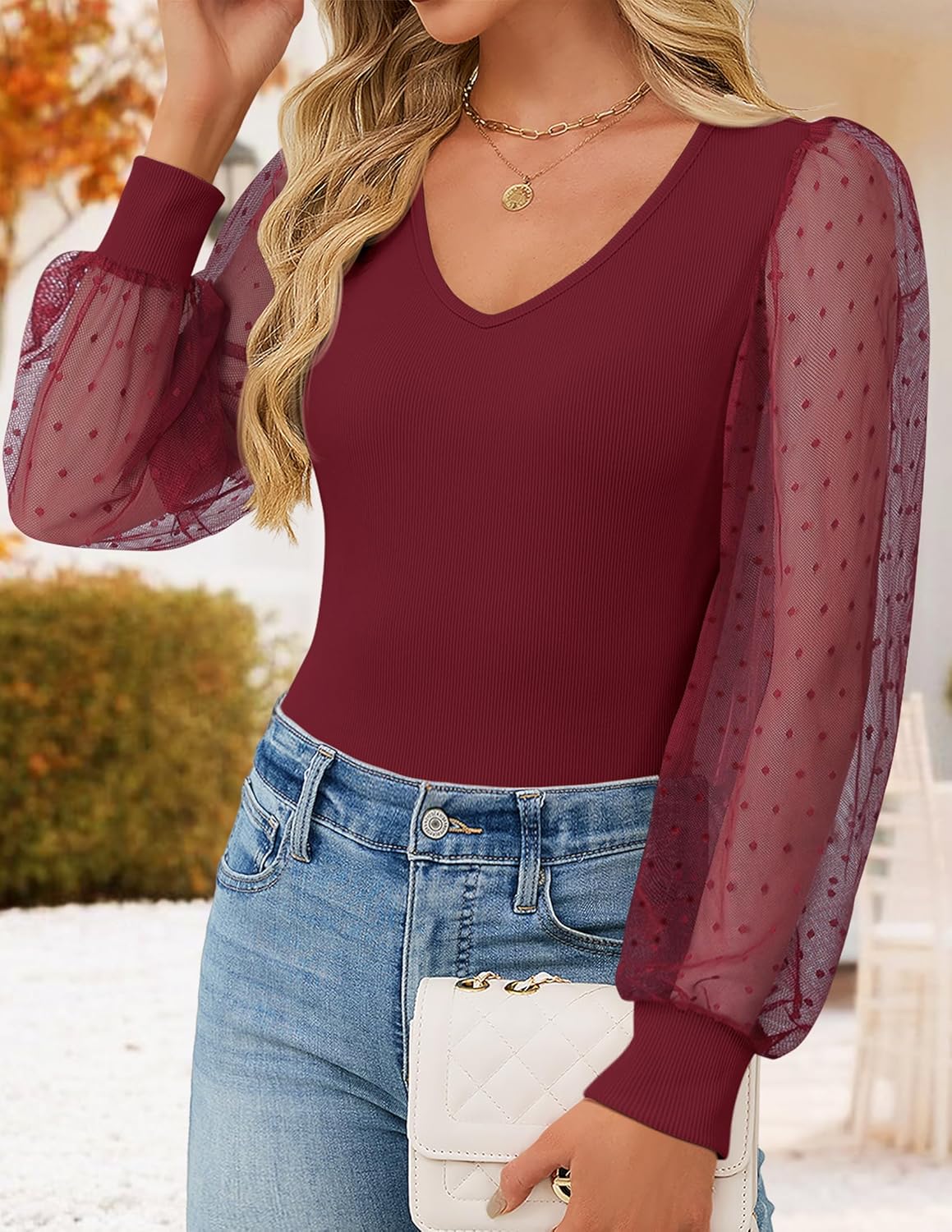 ZESICA Women's Mesh Puff Long Sleeve Shirts 2026 Spring Fall V Neck Ribbed Knit Sexy Going Out Tops Casual Work Blouse - Image 3