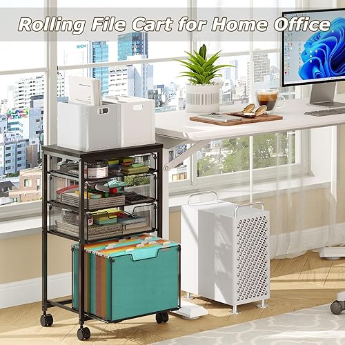 Miniatura 6 de Carrito de Archivos Rodante con 4 Cajones de Almacenamiento, Archivador para Hogar y Oficina, Organizador de Carpetas Colgantes con Ruedas para