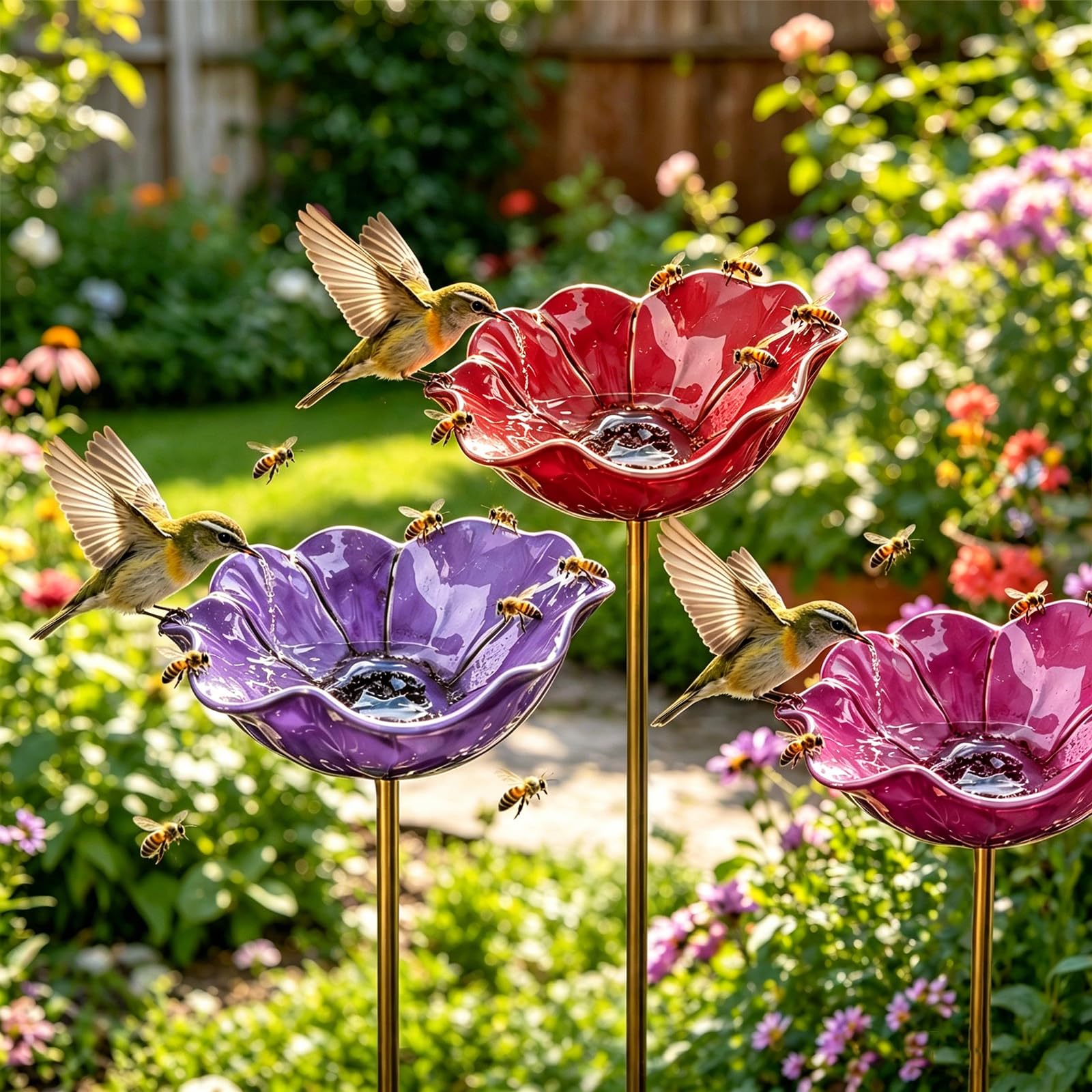 Handmade Metal Flower Garden Stake, Colourful Butterfly & Bee Water Feeder, Rain Catcher Bird Bath Bowls for Outdoor Yard, Lawn & Patio Décor (Mix-3pcsC)