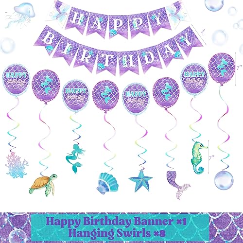 Miniatura 5 de 309 piezas de suministros de fiesta de cumpleaños de sirena (sirve 24), decoraciones de fiesta de cumpleaños de sirena para niñas, decoración de