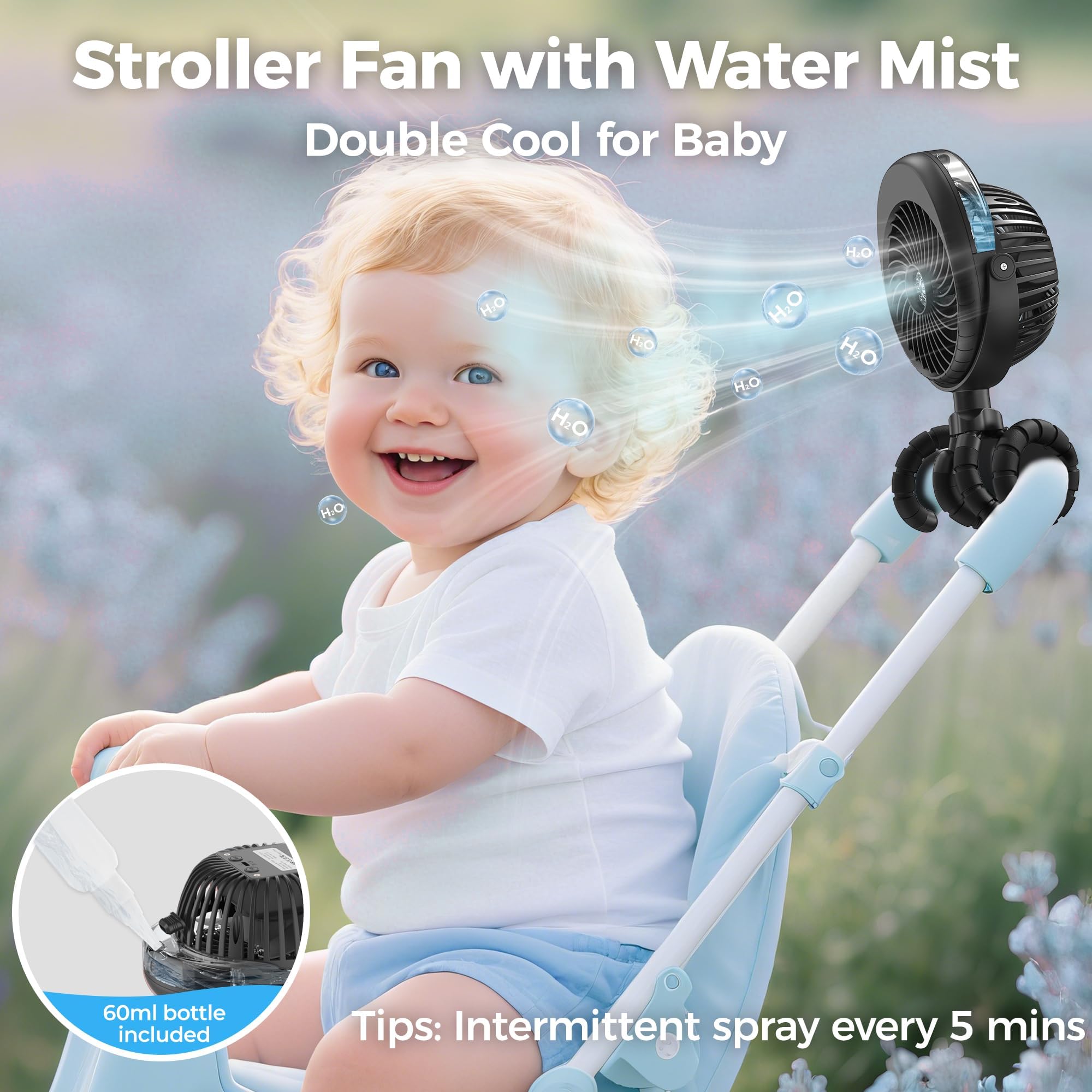 COMLIFE Ventilateur pour poussette de bébé, ventilateur portable pivotant à 270 ° et 360 °,USB à piles, ventilateur de brumisation portable, avec clip trépied flexible sur siège de voiture, berceau
