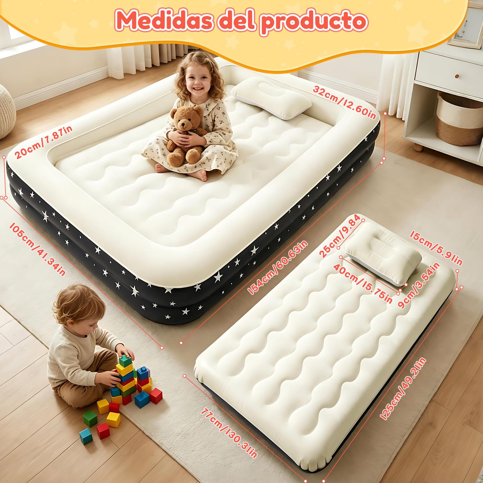 IEEILULU Colchón Hinchable con Bomba Eléctrica, Cama Inflable de Viaje para Niños Rápido Inflado y Desinflado, Portátil Cama de Aire con Almohada para el Hogar, Viajes y Camping (Negro)