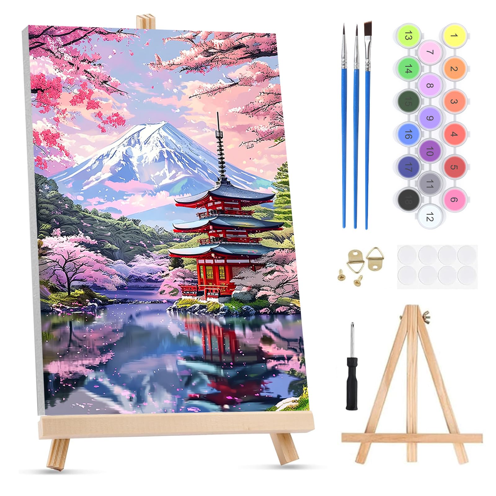 QENSPE Paint by Numbers for Adults on Framed Canvas - with Wooden Easel, Mount Fuji Painting by Number Kit for Beginners, DIY Japanese Temple Acrylic Oil Painting for Home Wall Decor (8x12 inch)