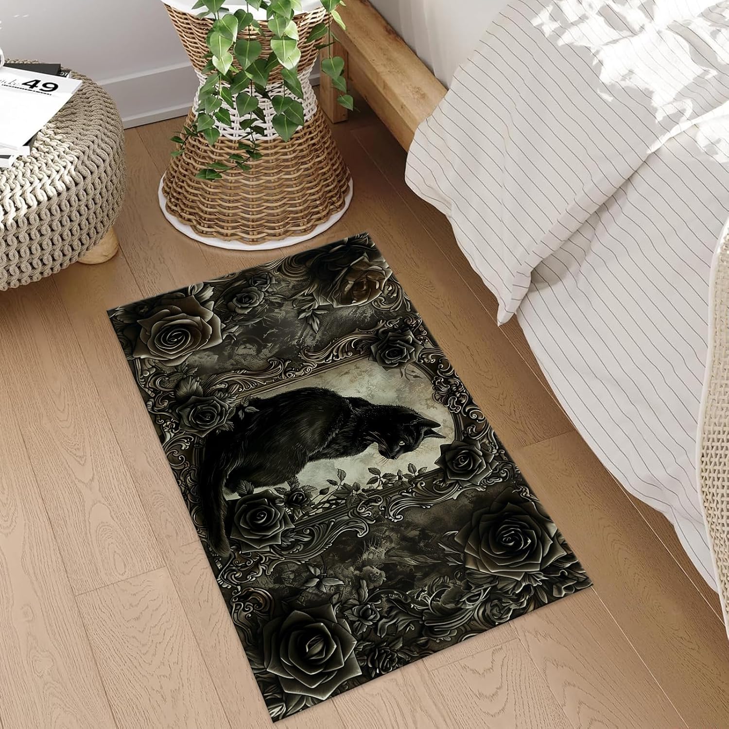 Gothic Black Cat Indoor Door Mat, 17x29.5 Inch, Floor Area Rug for Entryway, Living Room, or Bathroom, Non-Slip Doormat, Dark Rose and Vintage Frame Theme Design Home Decor Rug Gifts