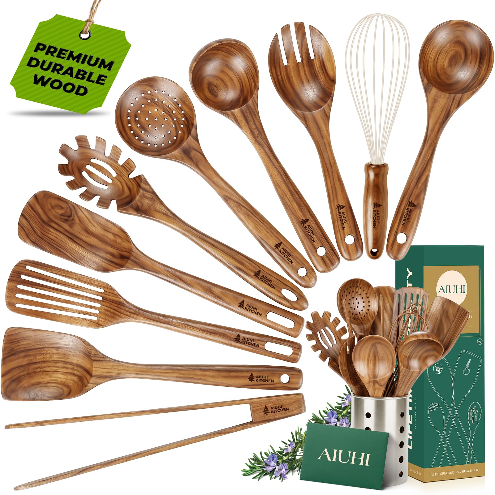 Set di utensili da cucina con supporto, utensili da cucina in legno per cucinare, utensili da cucina in legno di teak naturale, set di utensili da cucina in legno con spatola e mestolo (11)
