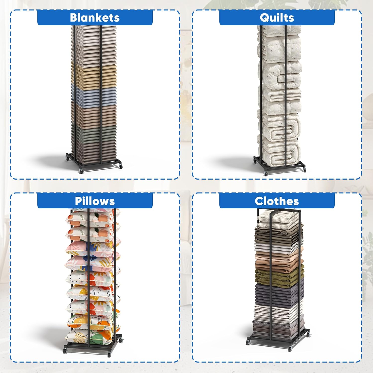 Rolling Pillow Storage Rack Organizer, Adjustable Pillow Display Rack, Metal Throw Pillow Storage, Throw Pillow Storage Shelves, Cushion And Pillow Display Stand for Retail, Home, Hotel, School