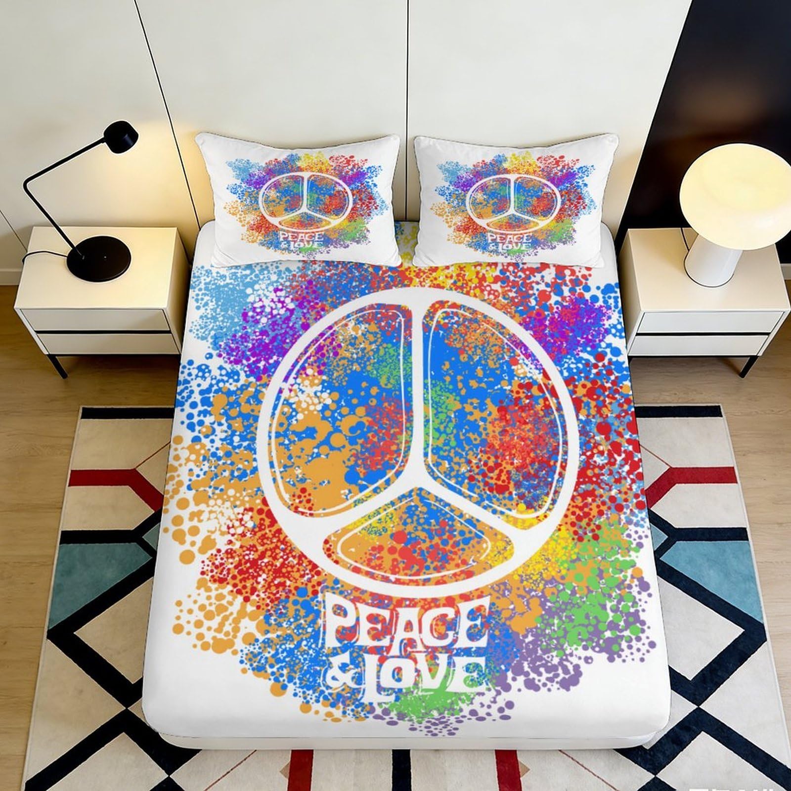 3D Printed Peace Sign Fitted Sheet, Colorful Love Theme, Soft Touch Microfiber, Wrinkle Resistant, Home Bedroom, Apartment Bedding, Easy Care, 115 chars 90x200x25cm
