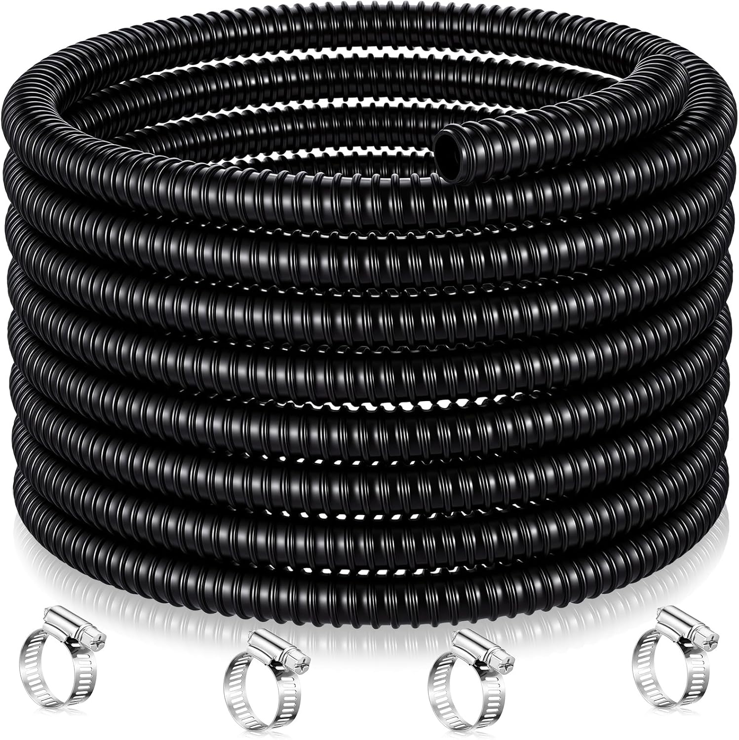 VIHOSE 3/4” x 20 Feet Pond Tubing Flexible PVC Pond Hose with 4 Stainless Steel Hose Clamps Garden PVC Tube Black Kink-resistant Pump Tubing for Waterfalls Camping Caravans Filters Drainage