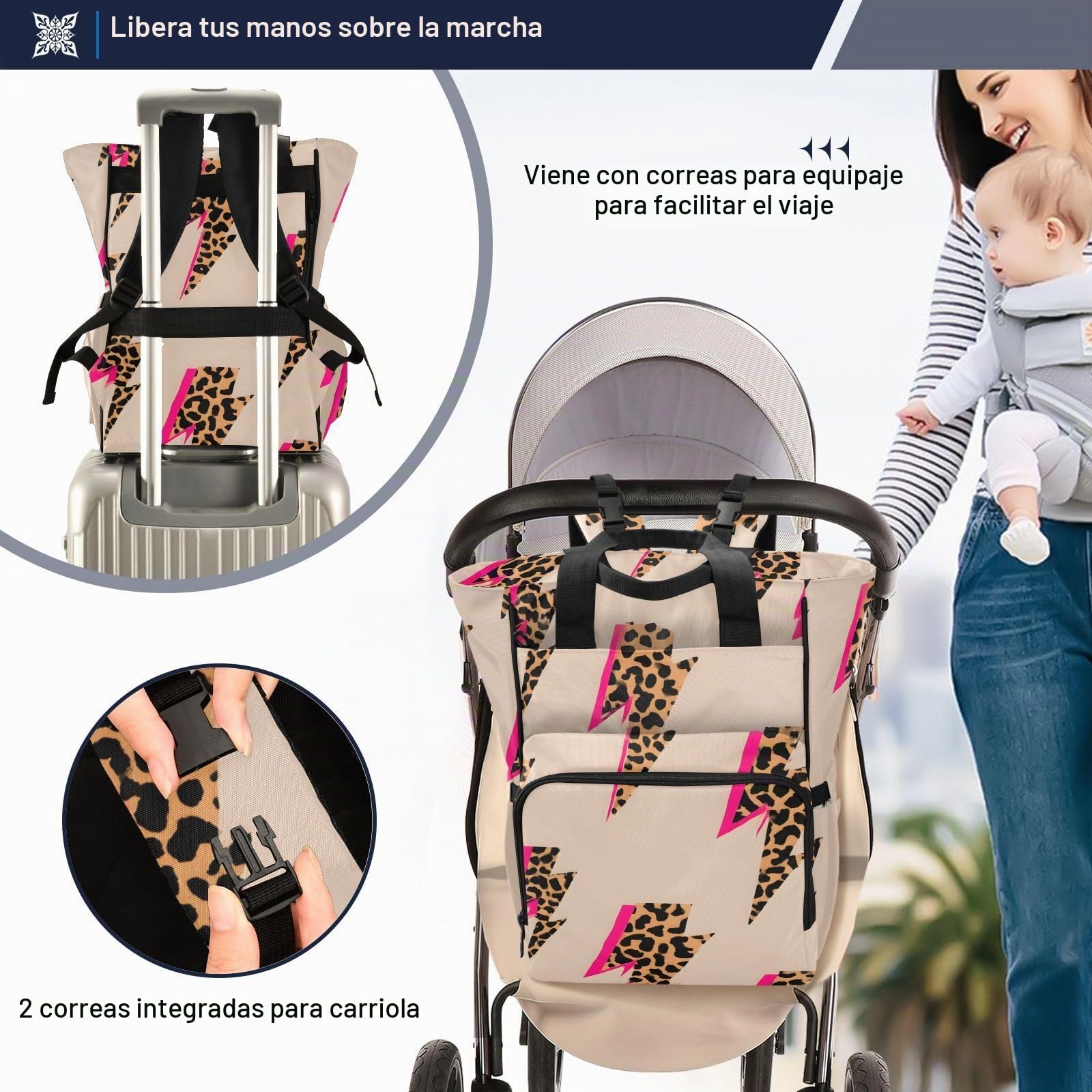 Mochila para pañales de bebé, bolsas de cambio de pañales multifuncionales para bebé con bolsillos aislados - patrón de estampado de leopardo relámpago