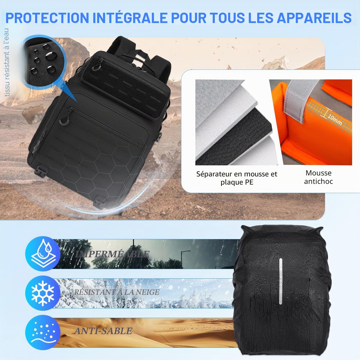 Sac à dos étanche pour appareil photo reflex numérique Canon Nikon Sony drone, objectif, ordinateur portable - Avec housse de pluie