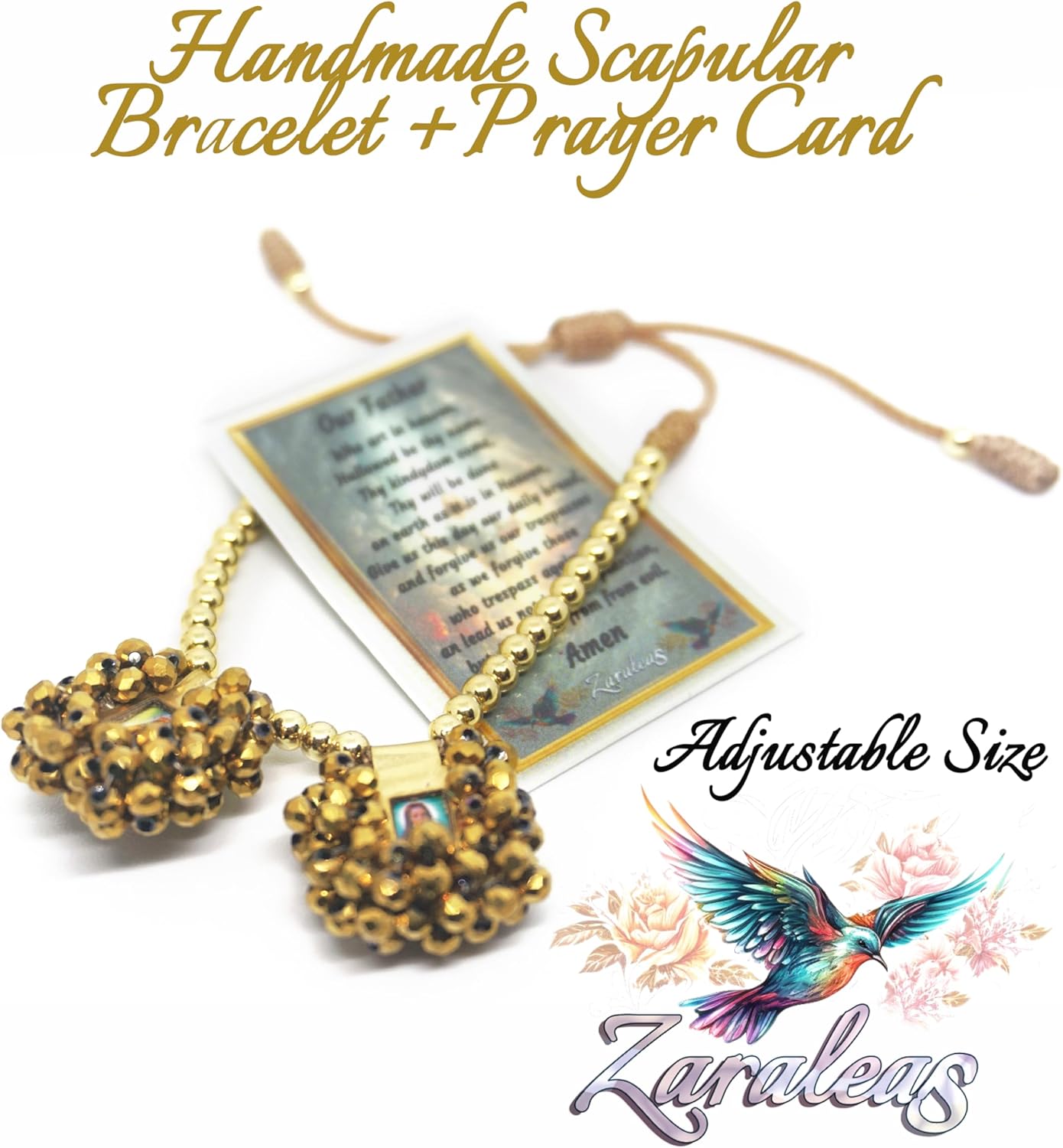 Sacred Scapular Bracelet Handmade Murano Stone Wristband with Golden Beads - Sacred Heart of Jesus, Holy Virgin of Carmen, St. Michael Archangel. 2cm x 2cm by Zaraleas (Sand) (Sand) - Image 4