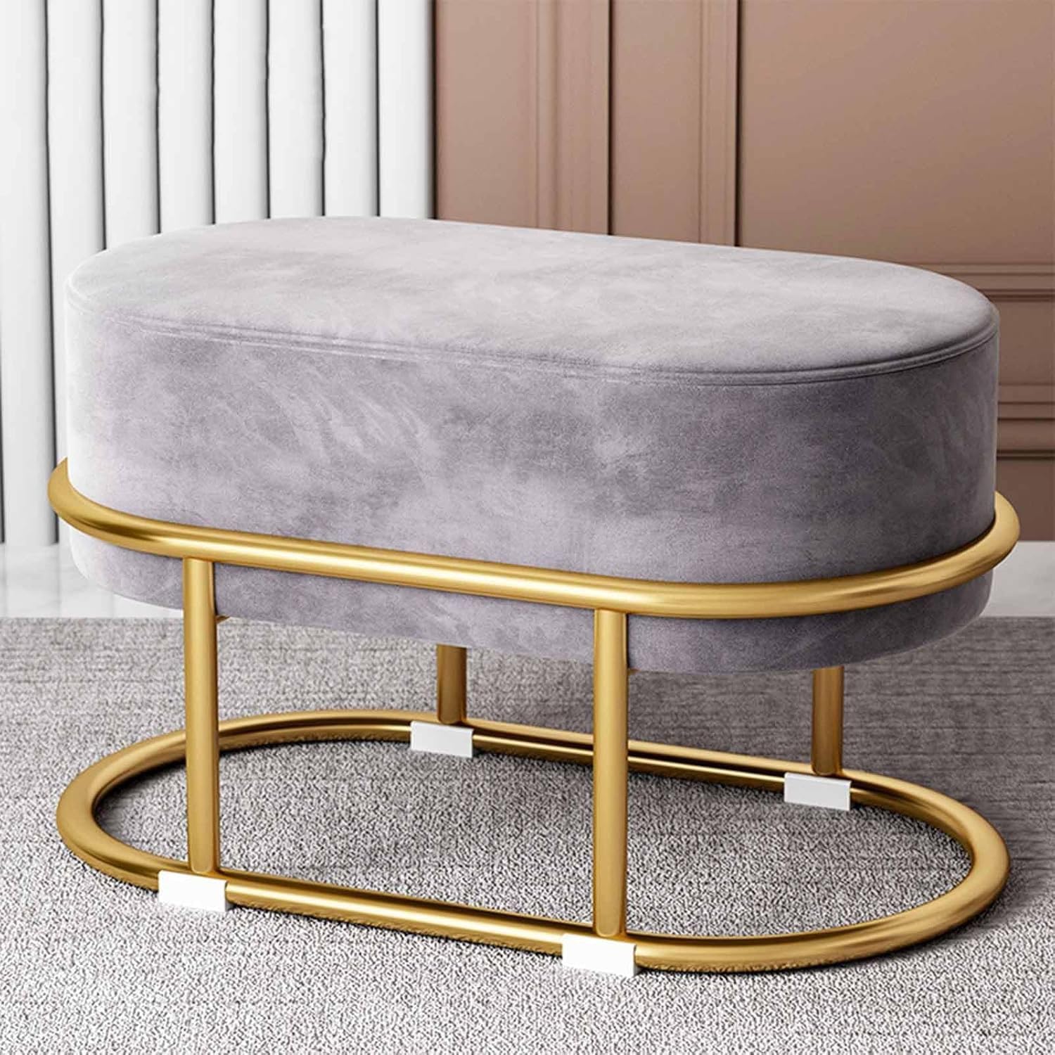 Velvet Upholstered Ottoman with Foot Vanity Makeup Stool,Side Stool for Bedroom Living Room, Fabric Sofa, Round Stool, Sitting pier, Fabric Sofa, Round Stool (Golden Grey)-image-36