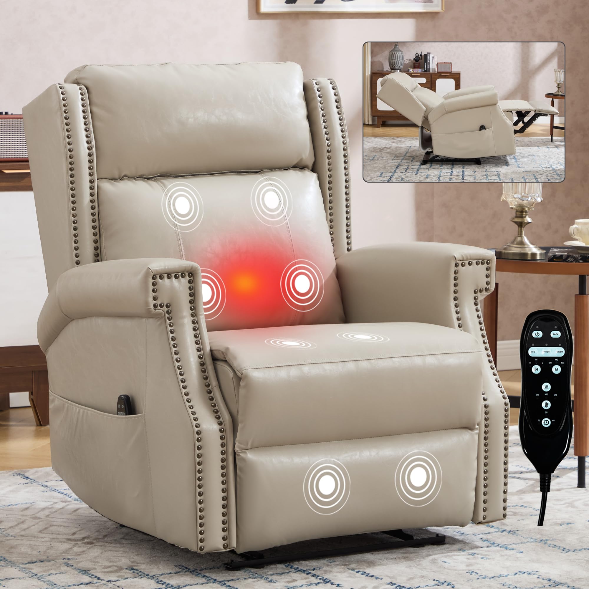 Photo 1 of ***TRUCK/TRAILER PICKUP ONLY***KEIKI Mid Century Modern Oversized Recliner Accent Chair for Adults, Manual Leather Recliner Chair with Back Massager and Heating for Living Room, Rocking Chair for Old Money Living Room Decor, Beige