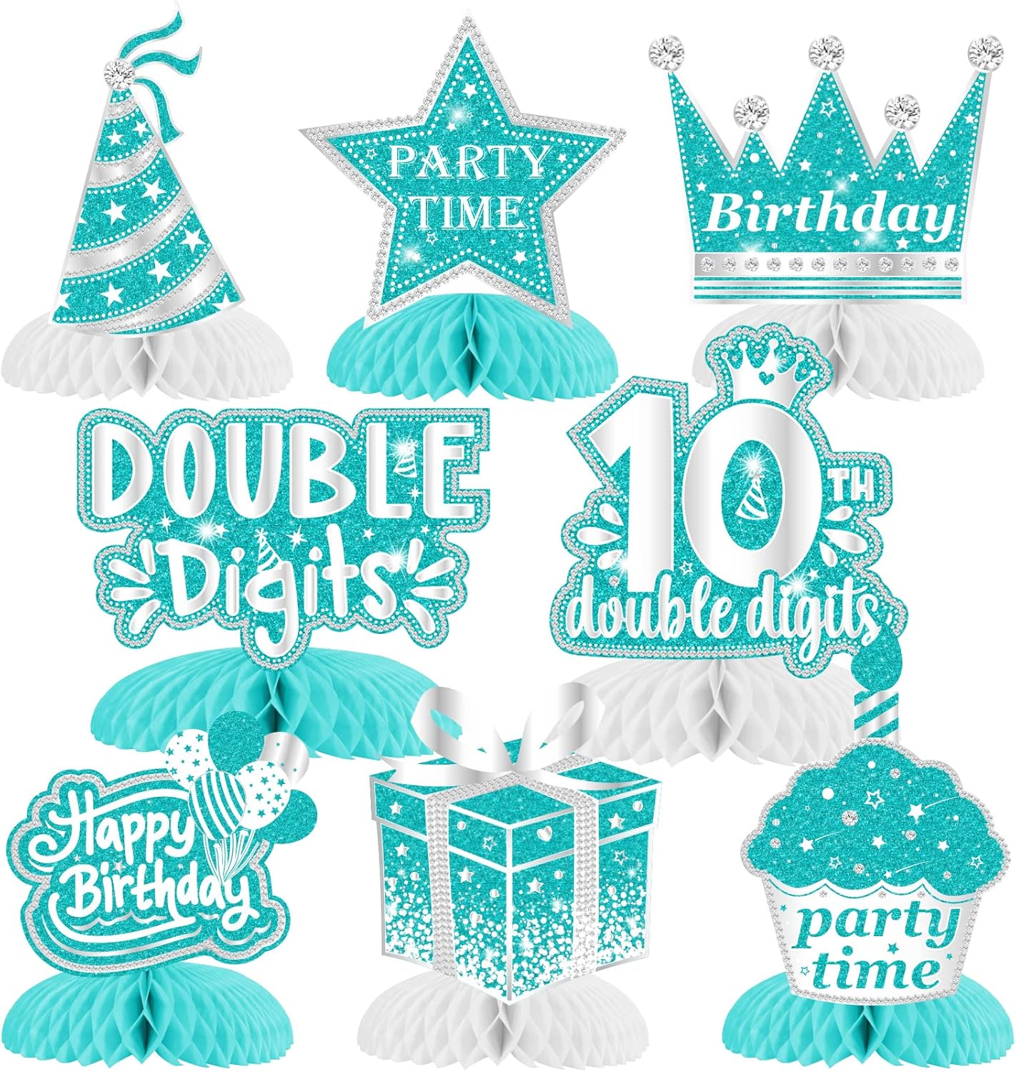 Cheereveal 10th Birthday Honeycomb Centerpieces, 8 Pieces Teal Silver 10 Year Old Birthday Table Centerpieces, Breakfast Blue Birthday Decorations Table Sign Toppers for Girls