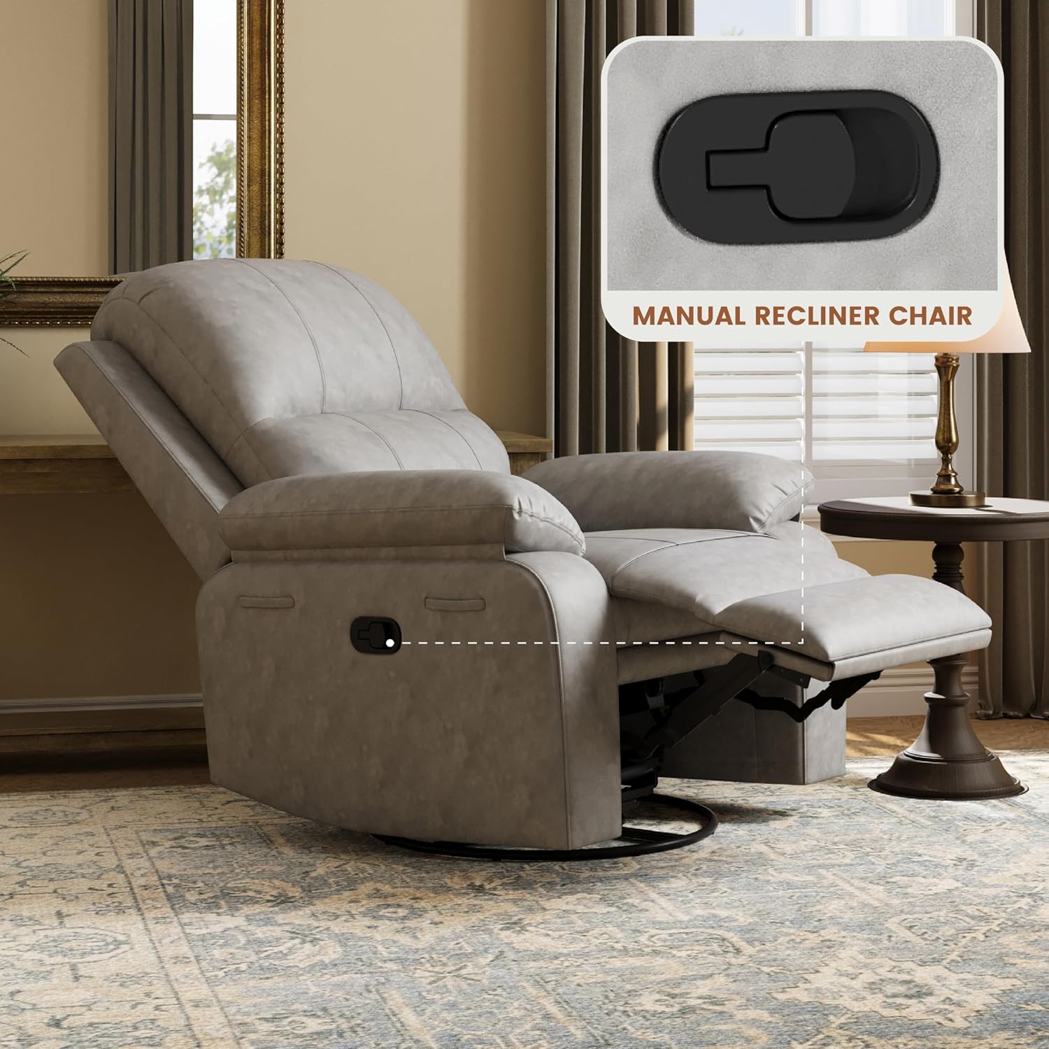 Leather Swivel Rocker Recliner Chair, Traditional Manual Chair, Upholstered Nursery Glider Rocking Recliner, Comfy Faux Leather Single Sofa with Pocket Spring for Living Room, Grey