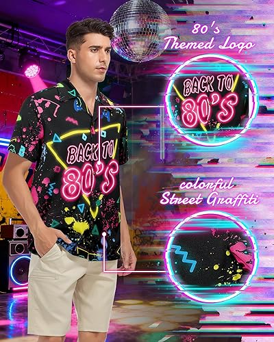 Miniatura 2 de Zando Traje de los años 90 y 80 para hombre, divertida camisa hawaiana retro de manga corta con botones para discoteca, fiesta temática y playa