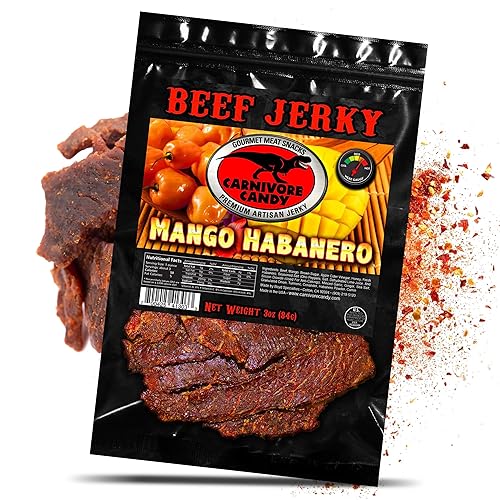 Miniatura 3 de Carnivore Candy 's Mango Habanero Jerky  Carne seca de res con sabor increíble, sin conservantes, sin MSG, baja en sodio Ready to Go Food. Gran
