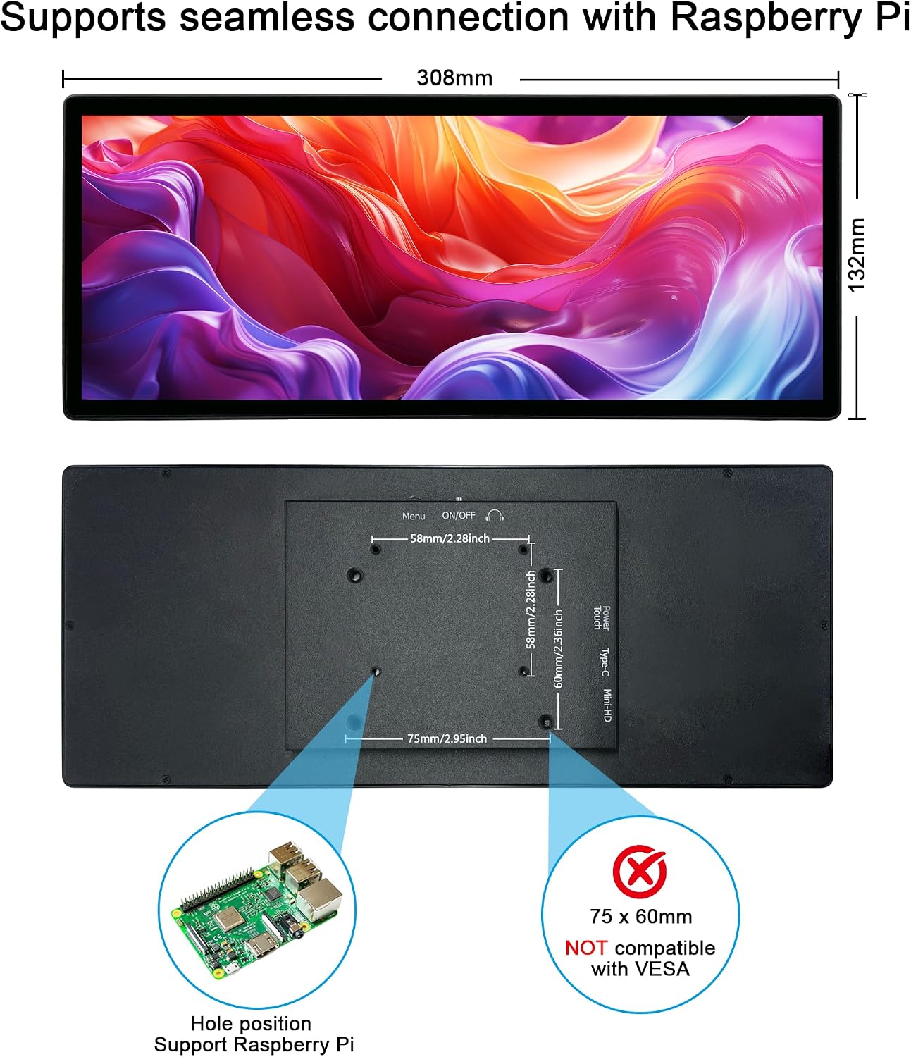 wisecoco 12.3 Inch Touch Screen Monitor IPS 1920x720 Stretched Bar LCD CNC Shell Mini Secondary Screen Portable Display HDMI for Laptop PC Temperature Aida64 GPU CPU RAM Monitoring