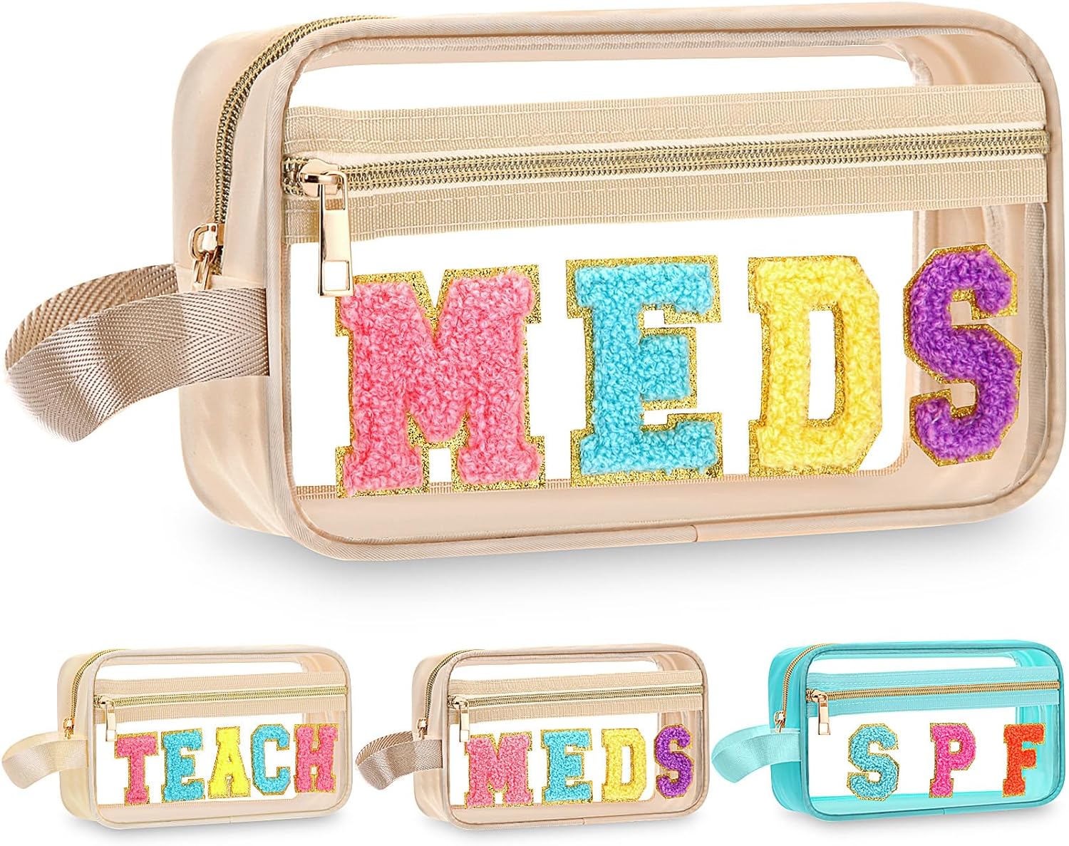 Pinkunn Chenille Letter Bag Clear Makeup Pouch Cute Preppy Letter Patch Cosmetic Bag with Zipper Nylon Waterproof Portable Travel Purse Toiletry Organizer for Appreciation Gift (Beige,Meds)