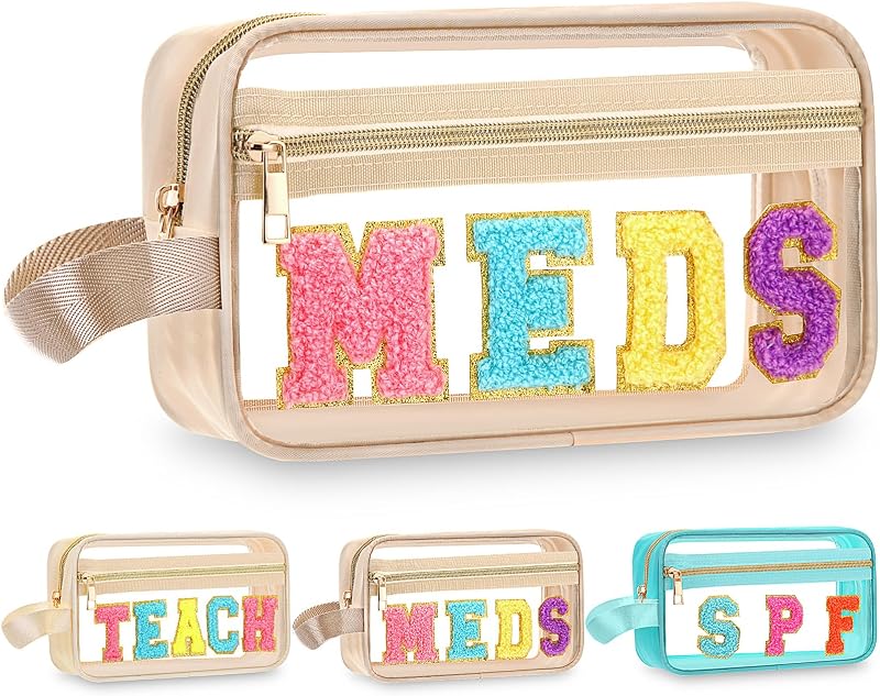 Necessaire transparente Pinkunn bege com letras de chenille e zíper
