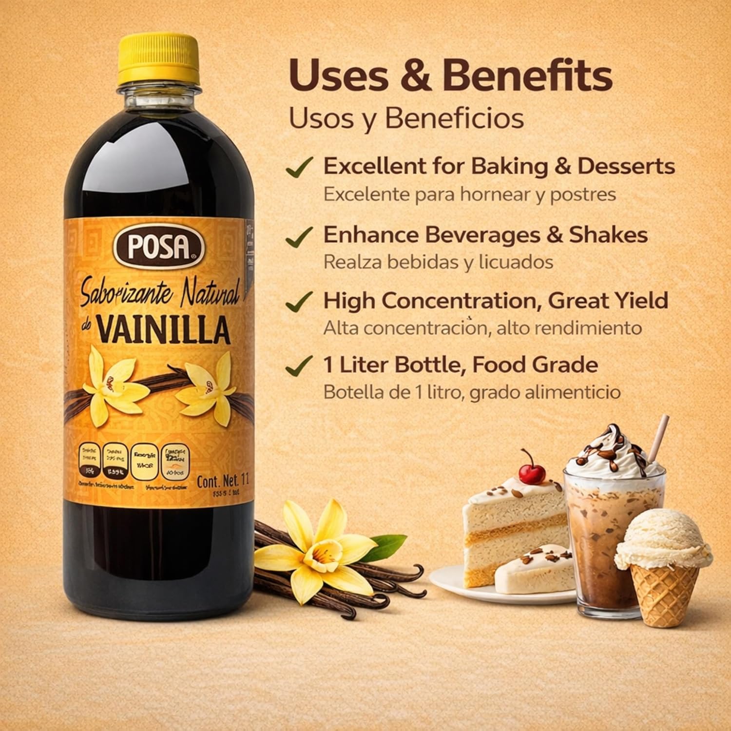 POSA Natural Vanilla Flavoring 33.8 fl oz | Vanilla flavor for baking, desserts and drinks | For home and professional use