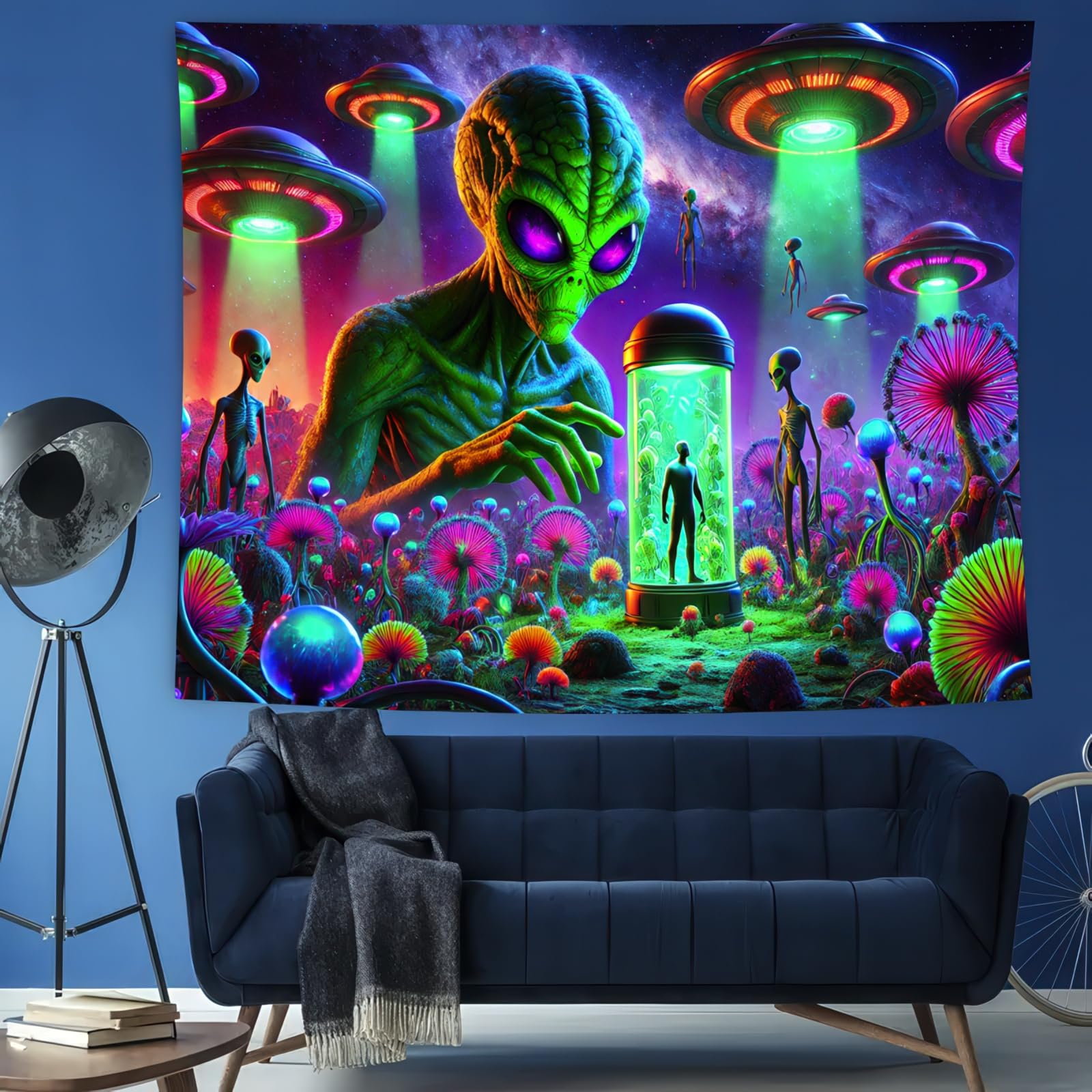 Blissyard Men's Multiple Blacklight Alien Tapestry 78"X51" Uv Reactive Alien Abduction Wall Art For Boys Bedroom