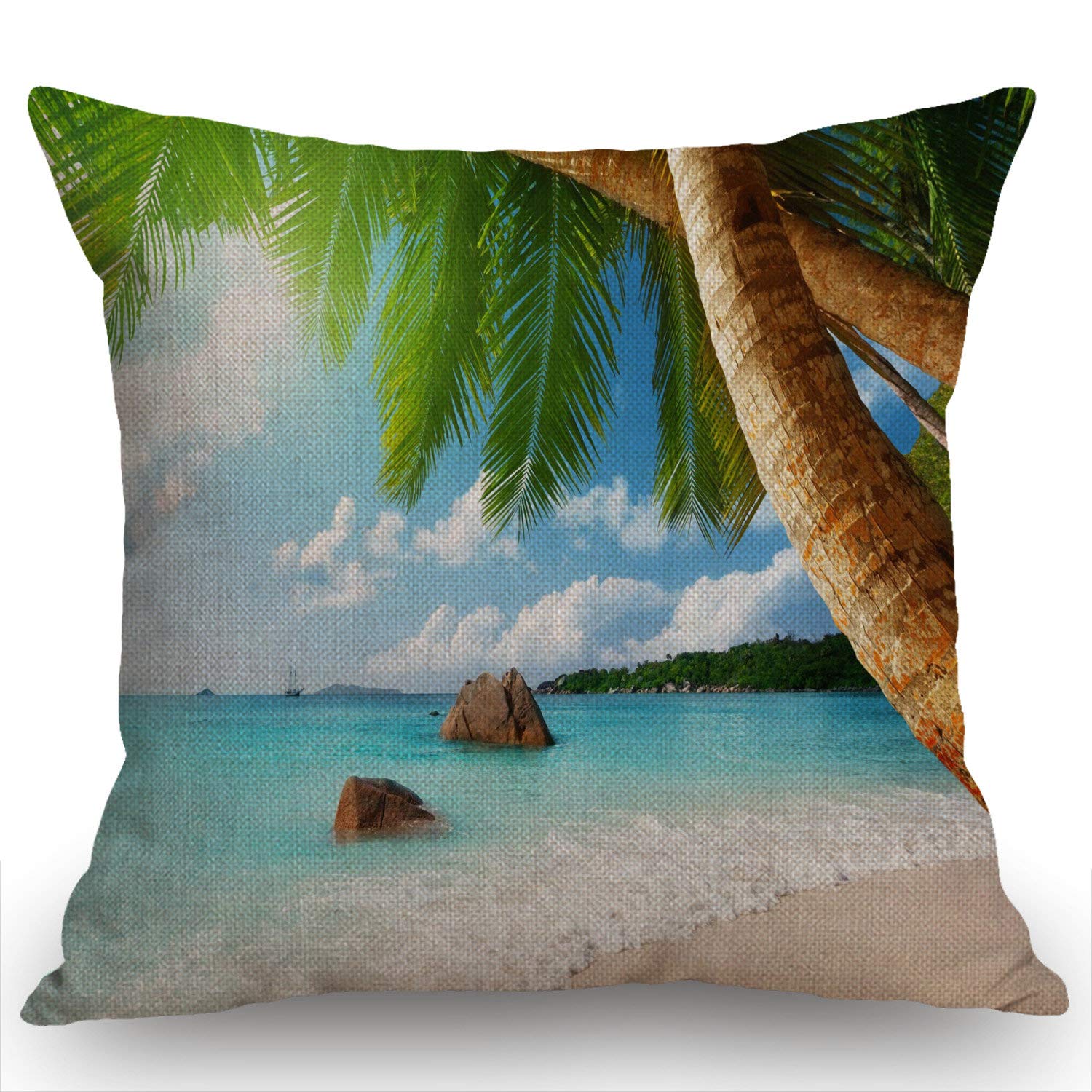Swono Tropical Palm Tree Throw Pillow Cover ANSE Lazio Beach at Praslin Island Cotton Linen Decorative Pillow Case Cushion Cover Home Sofa Decor 18x18 Inch Pillow Cover