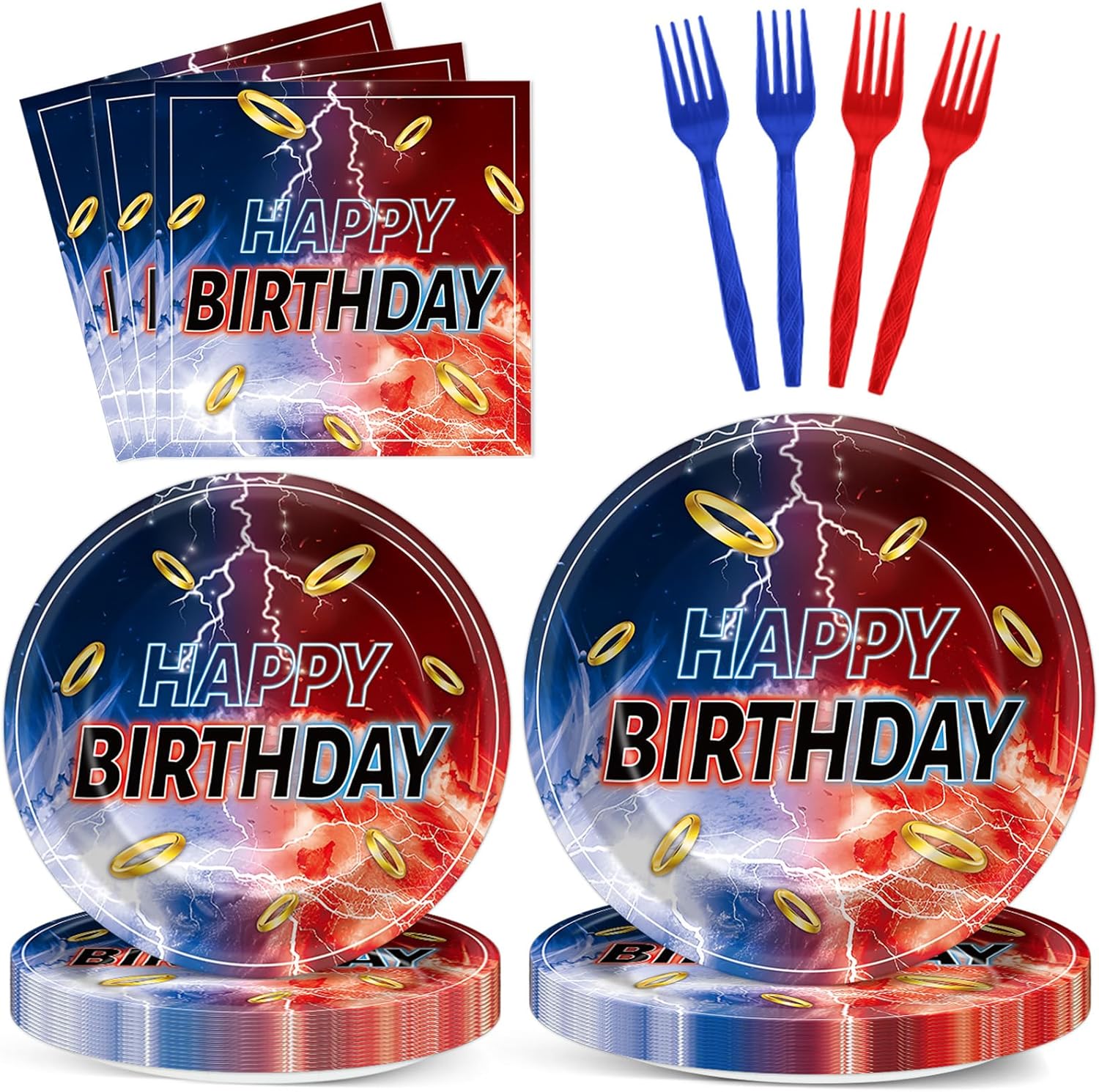 96Pcs Blue with Gold Ring Paper Plates and Napkins Video Game Theme Birthday Party Supplies Blue Golden Cartoon Disposable Dinnerware Tableware Set for Kids Birthday Baby Shower Decoration Serve 24