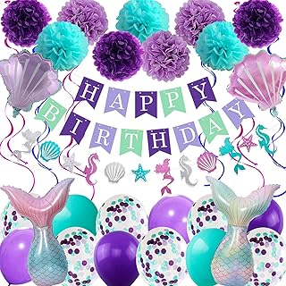 Mermaid Birthday Decorations for Girls Women 29pcs Party Supplies Including Pom Poms Flowers Happy Birthday Banner Dots Garland Hanging Swirls and Balloons Purple Teal Confetti