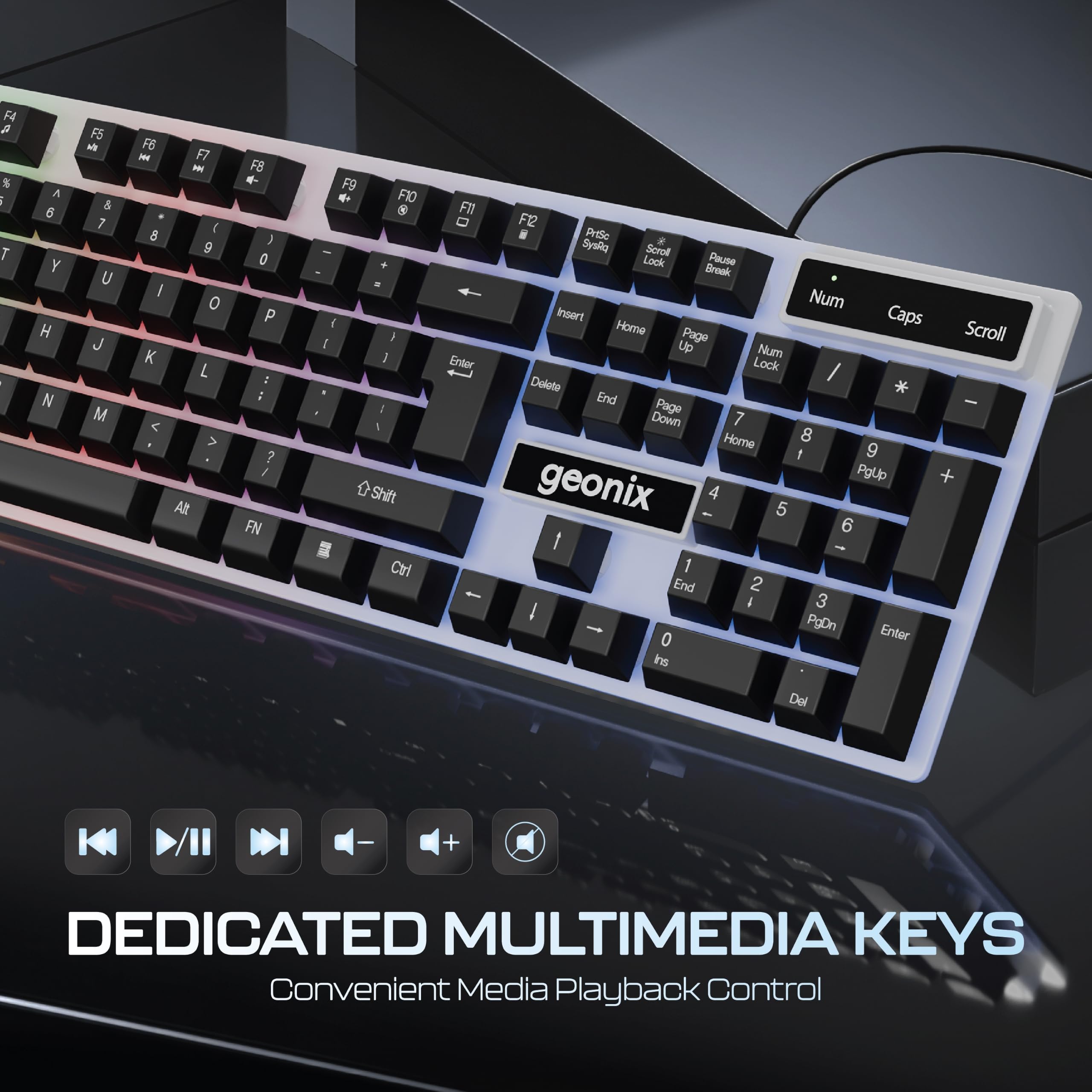 GEONIX Cruiser K5, Wired Gaming Keyboard, 104 Keys, 1.5m Cable, 12 Multimedia Keys, , RGB Colour, Plug and Play — Amazon image 5