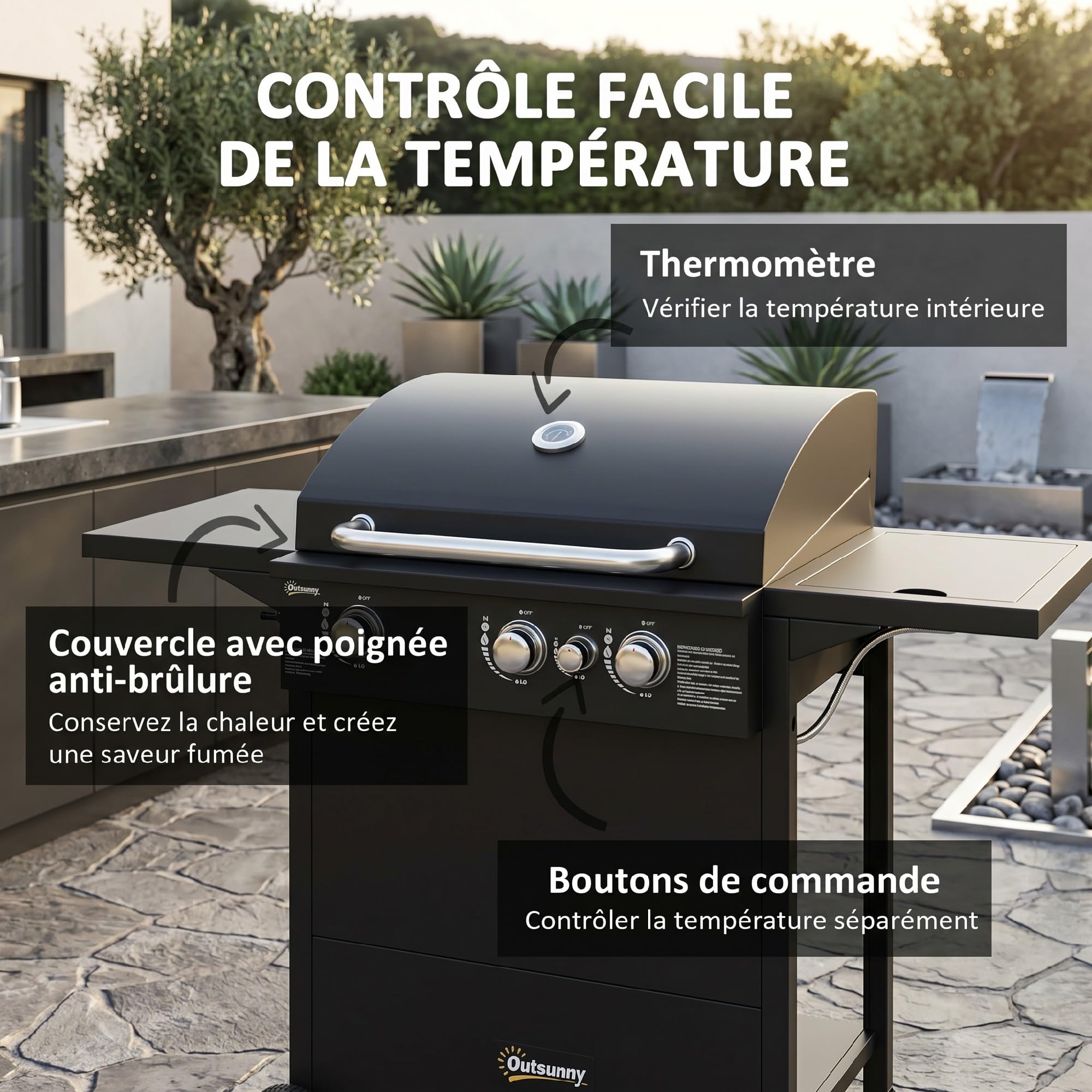 Outsunny Barbecue Gaz 3+1 Brûleurs en Acier, Puissance 9,5 kW, Grill de Jardin avec 2 Grilles Chromées, Étagères Latérales, Couvercle, Thermomètre, 2 Roues, Noir