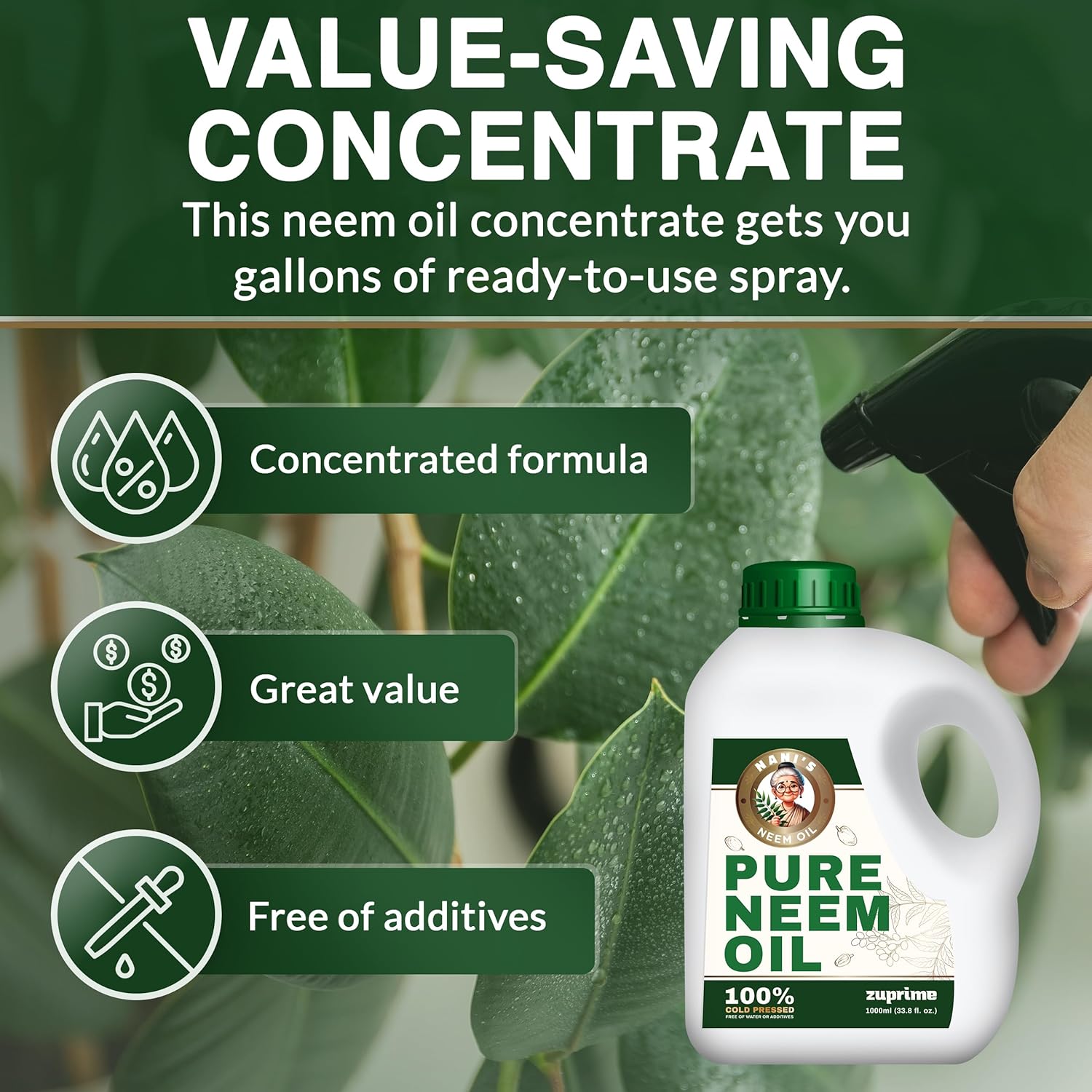 Nani's Pure Neem Oil for Plants Concentrate - Dilute for Use as Organic Neem Oil Spray for Plants, Outdoor & Indoor Use - 100% Cold Pressed - Horticultural Enhanced Plant Health & Shine Need (34 oz) - Image 3