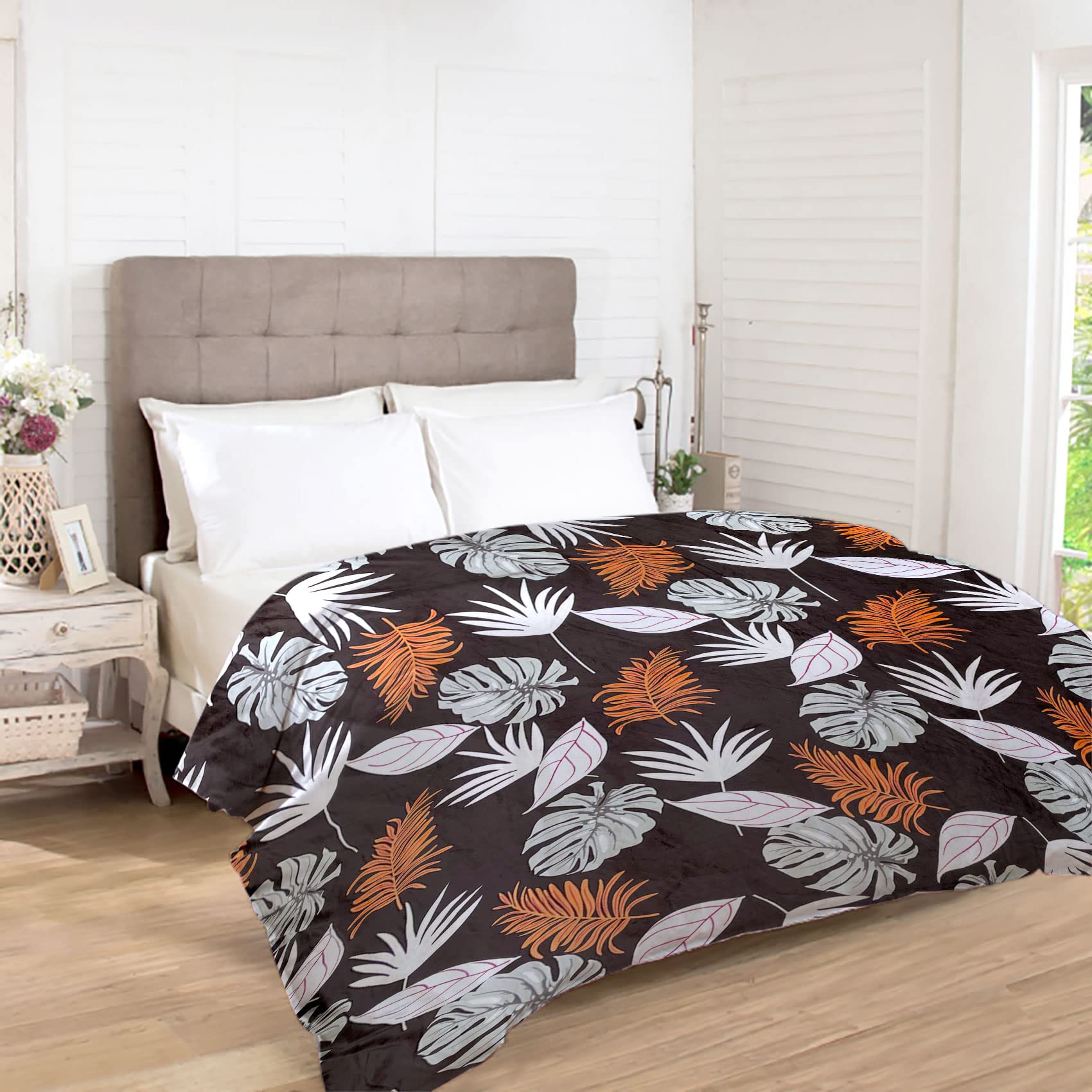 Premium Super Soft Warm Flannel Fur/Razai Cover/Blanket Cover/Dohar/Duvet Cover for Single Bed with Closing Zipper with Beautiful Geometric Design (60x90) Inches (Brown Leaves)-image-22