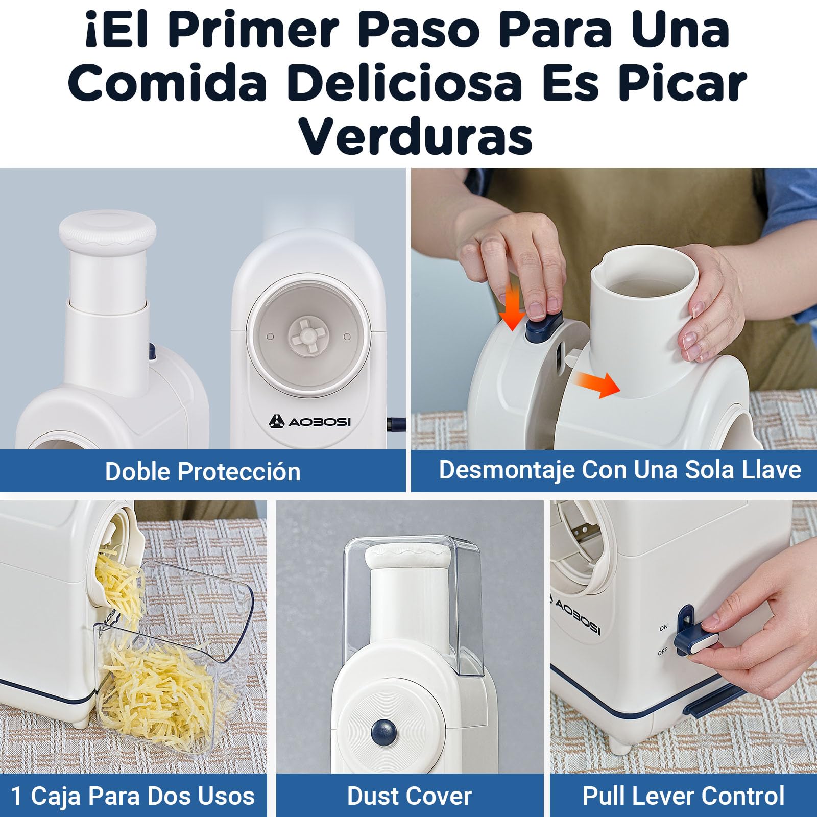 Rallador electrico, Aobosi Cortador Verduras Electrico con Gran Tolva para Zanahorias Enteras,Patatas, 3 Cuchillas y Motor Silencioso, caja de almacenamiento-Actualizar