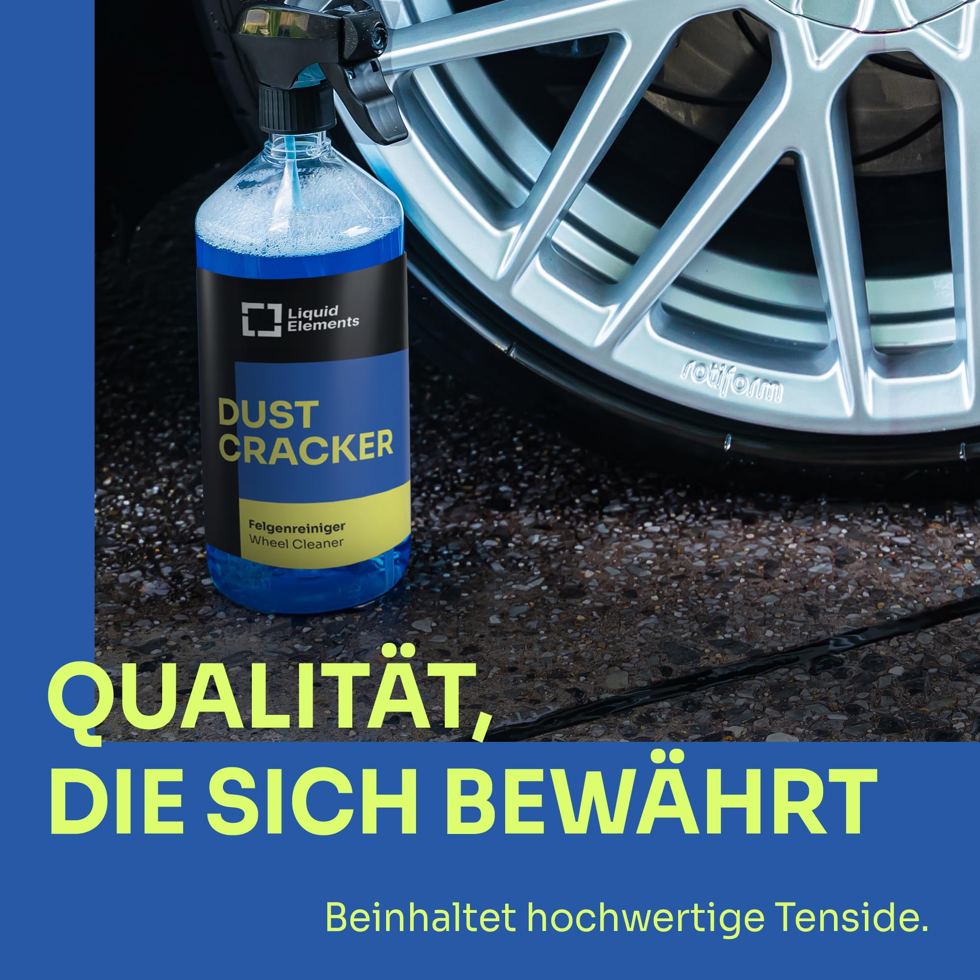 Liquid Elements Dust Cracker Set Ultra, 3x1L + Bürste M & XL + Tücher | Felgenreinigerspray inkl. Sprühflasche, für alle Felgentypen, säurefrei, effektive Reinigung & Pflege