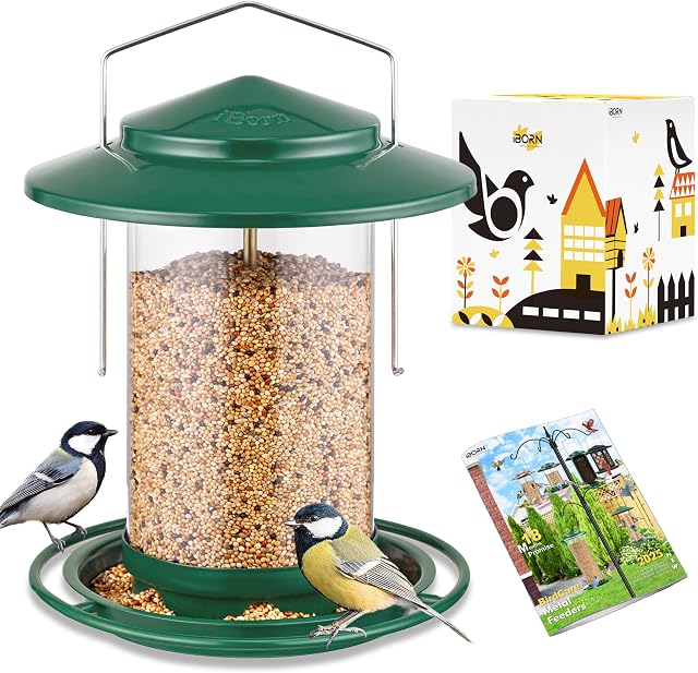 iBorn Metal Bird Feeder for Outside Hanging,Wild Bird Feeders for Cardinal, 18cm Large Roof&Tray Green 6 Port (Seed is not Included)