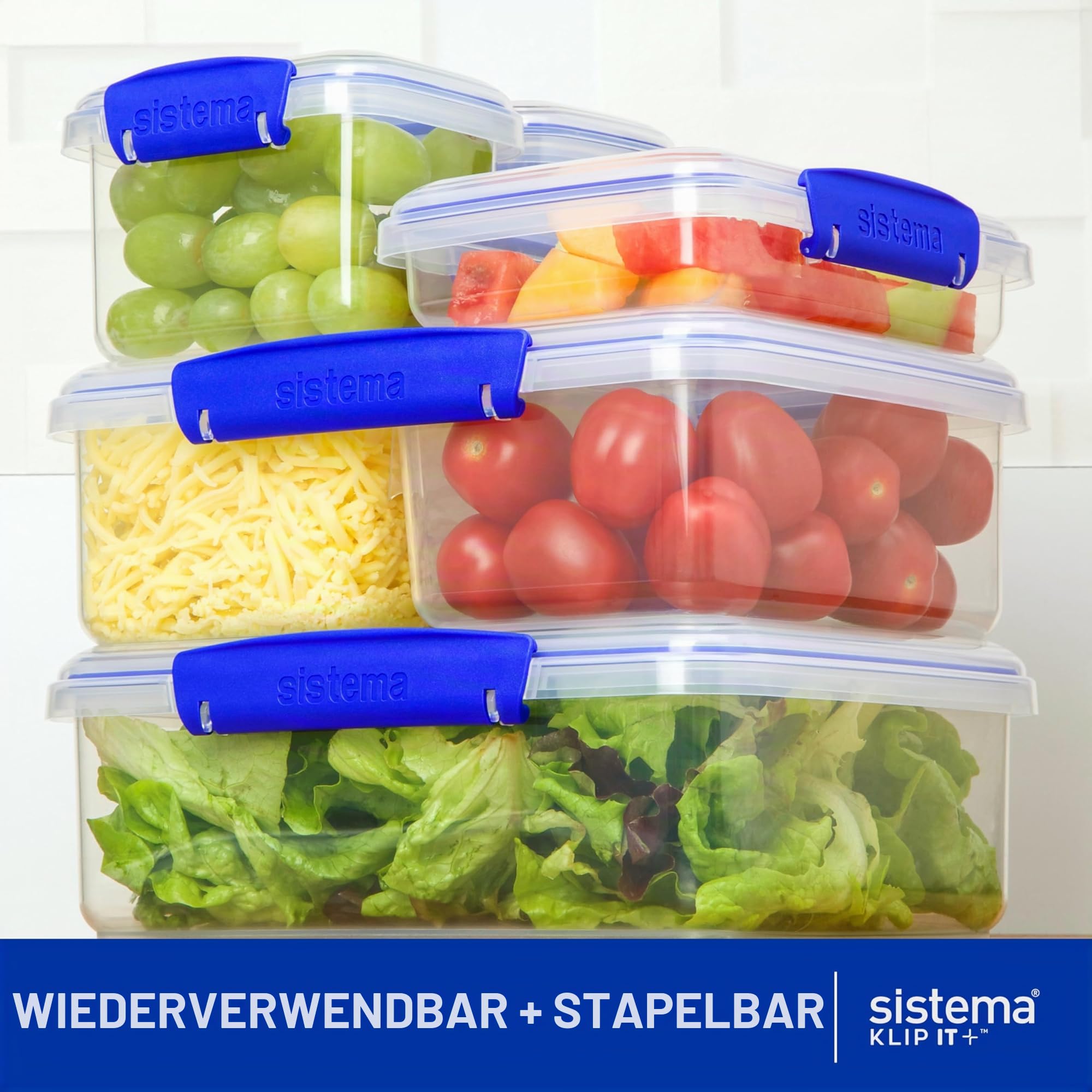 Sistema KLIP IT Frischhaltedose | 9,67 l | stapelbare und luftdichte Vorratsdose mit Deckel, geeignet für Kühl-/Gefrierschrank | BPA-freier Kunststoff | blaue Clips | 1 Stück (Packung mit 4)
