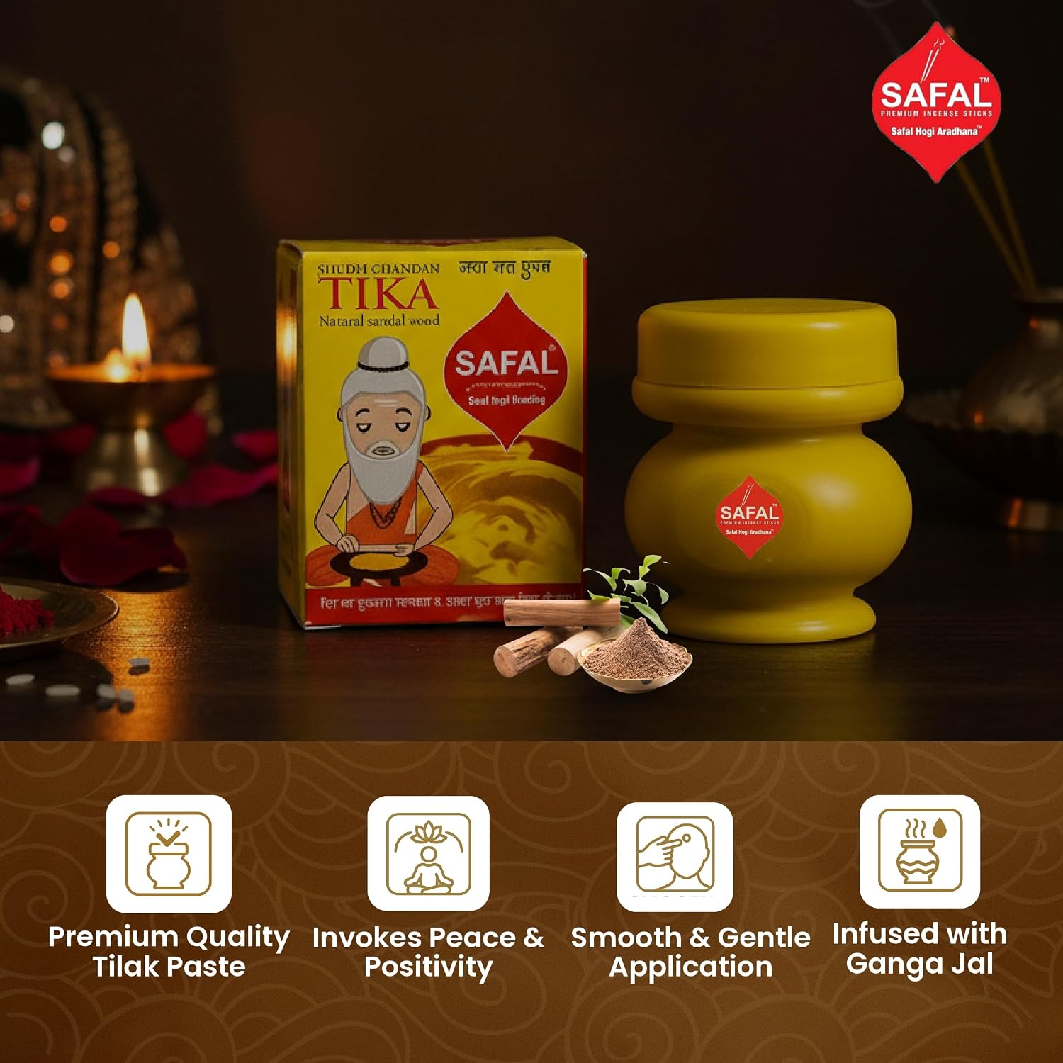 SAFAL Tilak Paste | Pack of 6 Tika | Crafted with Ganga Jal for Daily Pooja, Hawan, Puja Rituals, Mandir Use | Long-Lasting Sacred Chandan Paste | Easy to Apply (Chandan Tika)