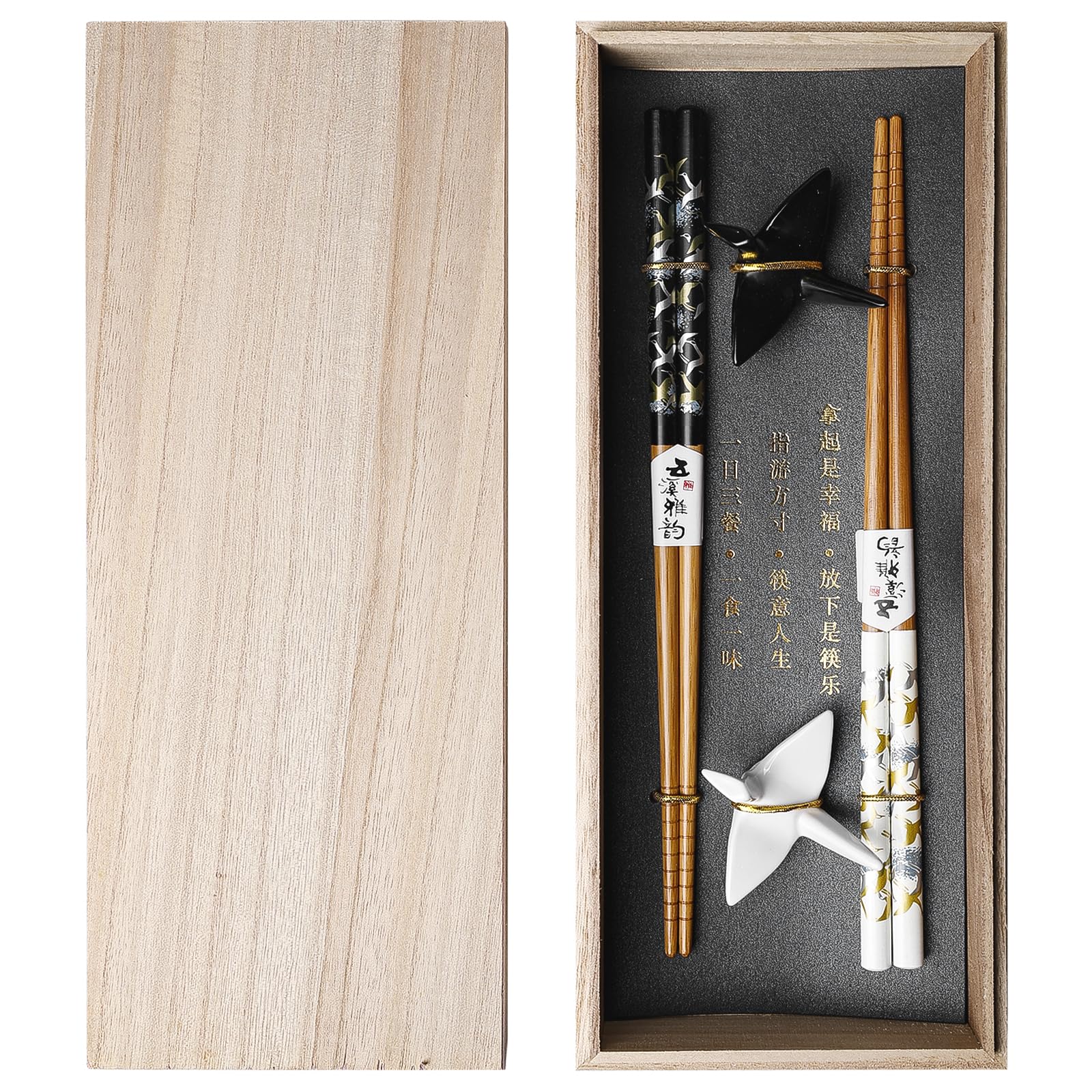 BAIFULAI 2 paia di bacchette per sushi, bastoncini in legno con supporto per gru in ceramica, sostenibili Chopsticks giapponese, cinese, coreano, taiwanese, regalo giapponese