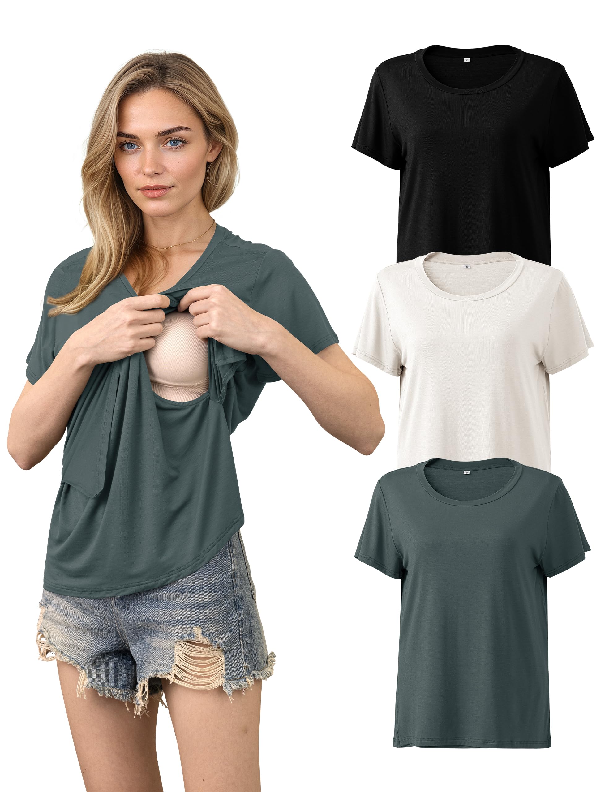 SUNNYBUY Still - Juego de 3 camisetas de lactancia de manga corta para mujer, ropa de maternidad cómoda para embarazo y lactancia