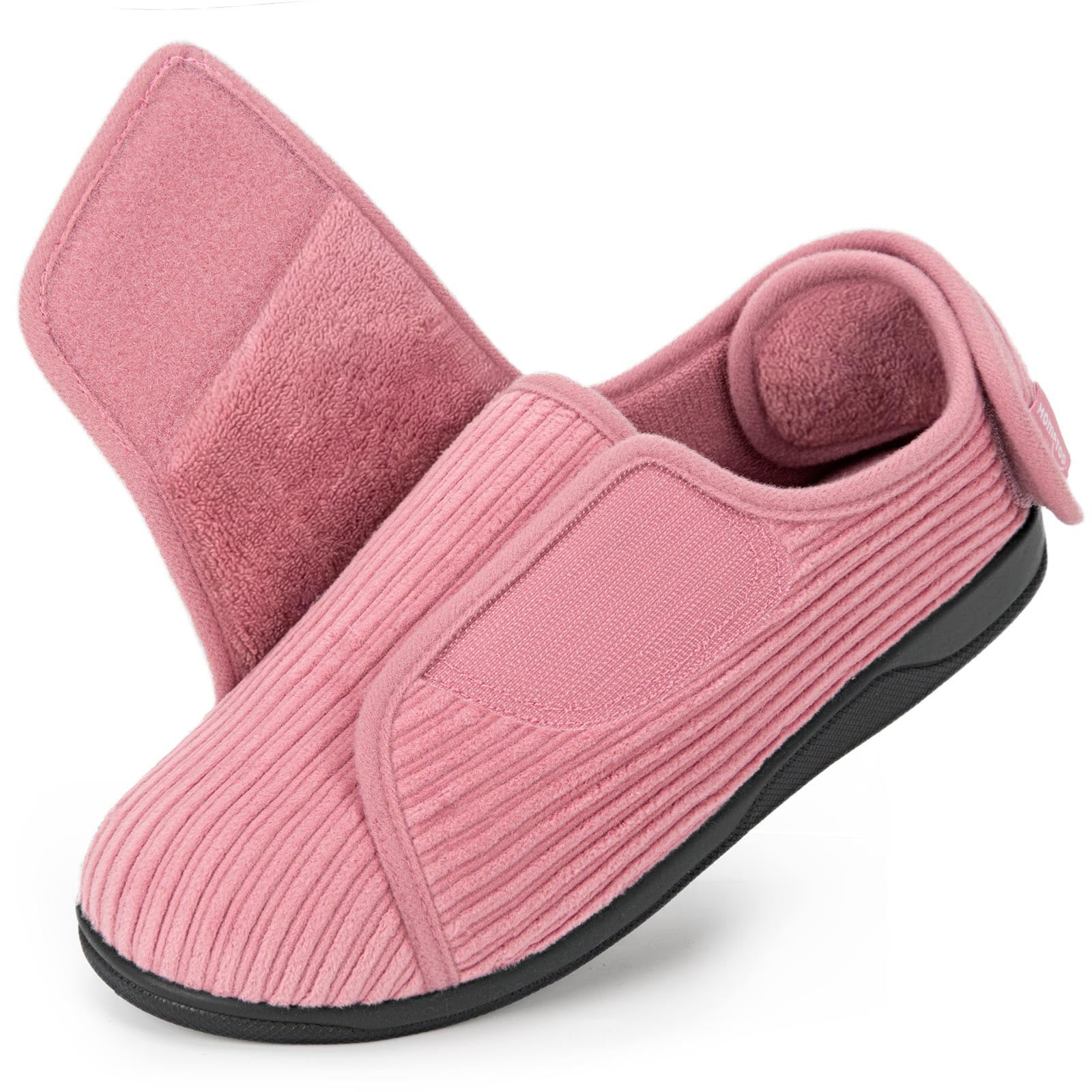 Women's Wide Fit Corduroy Slippers, Adjustable Hook & Loop with Memory Foam for Indoor Comfort