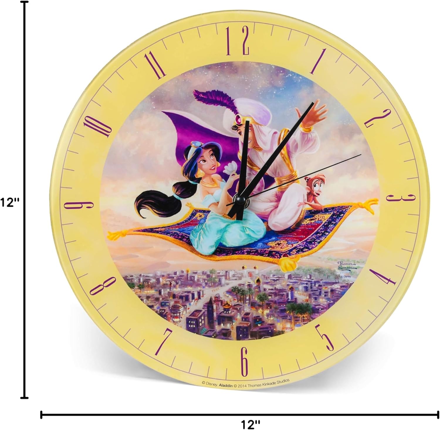 Mark Feldstein & Associates Aladdin and Jasmine Disney Kinkade Pale Yellow 12 inch Glass Round Wall Clock
