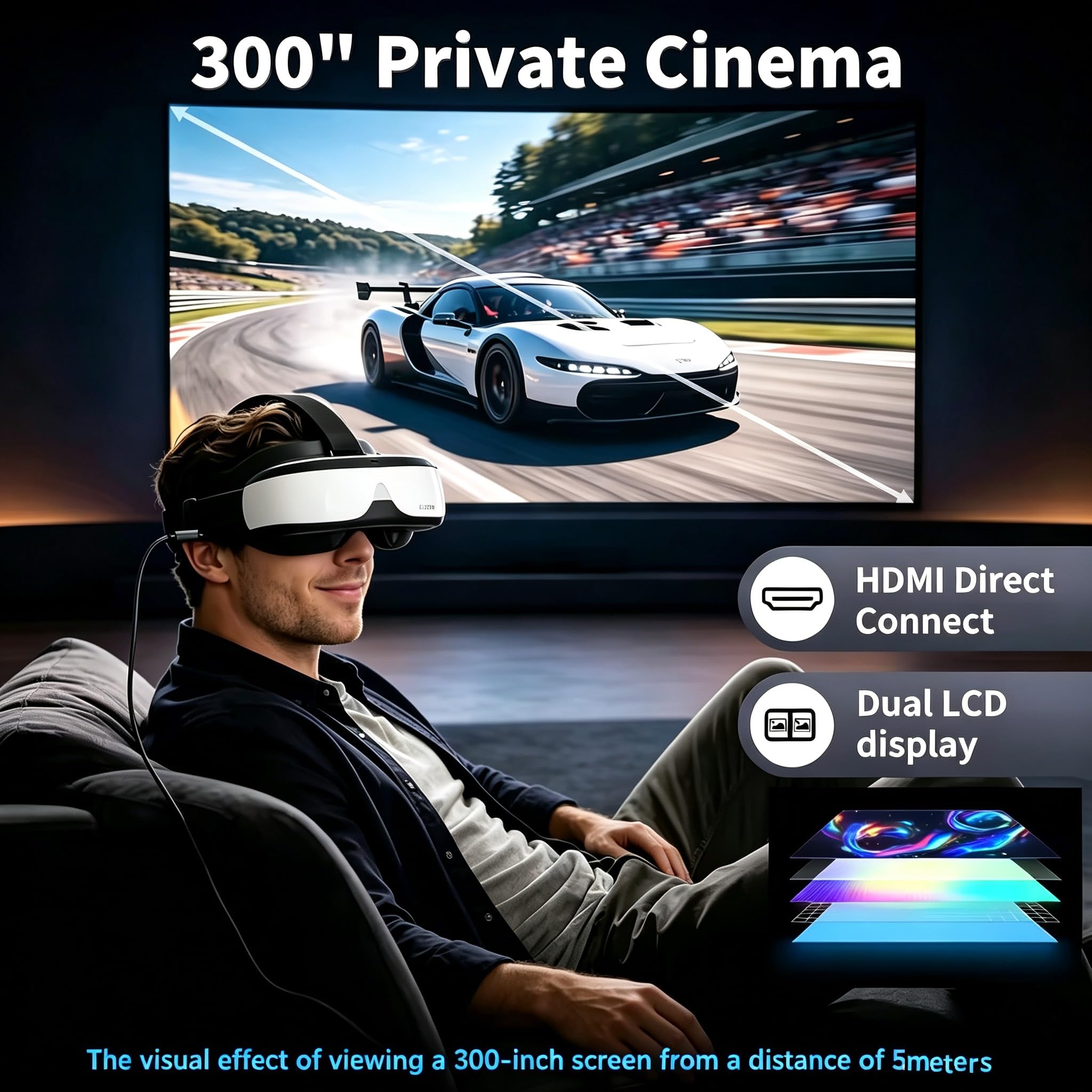 Bigeyes H3 Head Mounted Display - HD 300 Big ScreenHDMI interfaceBuilt in Battery 3H Playtime Lightweight & Compact Enjoy Movies Privately for Men Travel Camping Bedtime Film Mode product thumbnail 5