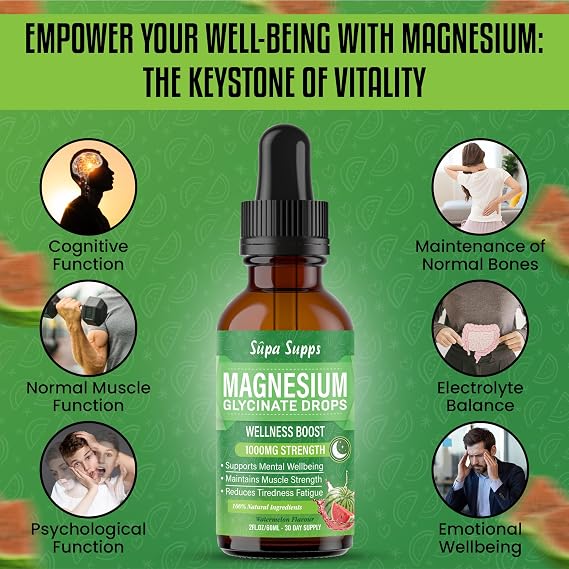 Magnesium Glycinate Liquid 60ml - Watermelon Flavour | Supa Supps Magnesium Glycinate 3-in-1 Complex | Fast Absorption | Premium Pure Formula, Easy-to-Take Supplement for Daily Balance- 1 Month Supply